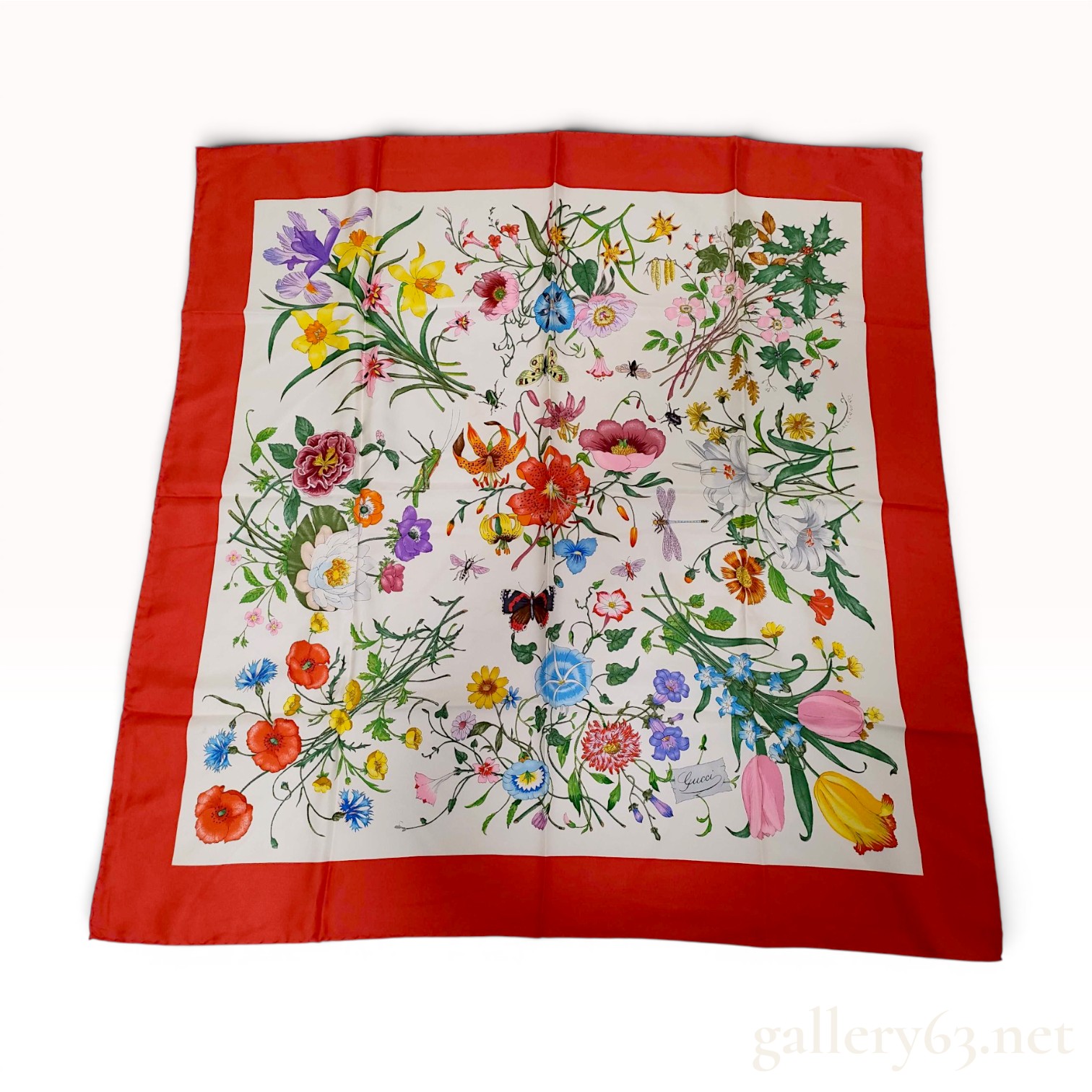 Gucci Silk Flora Print Foulard with Red Border