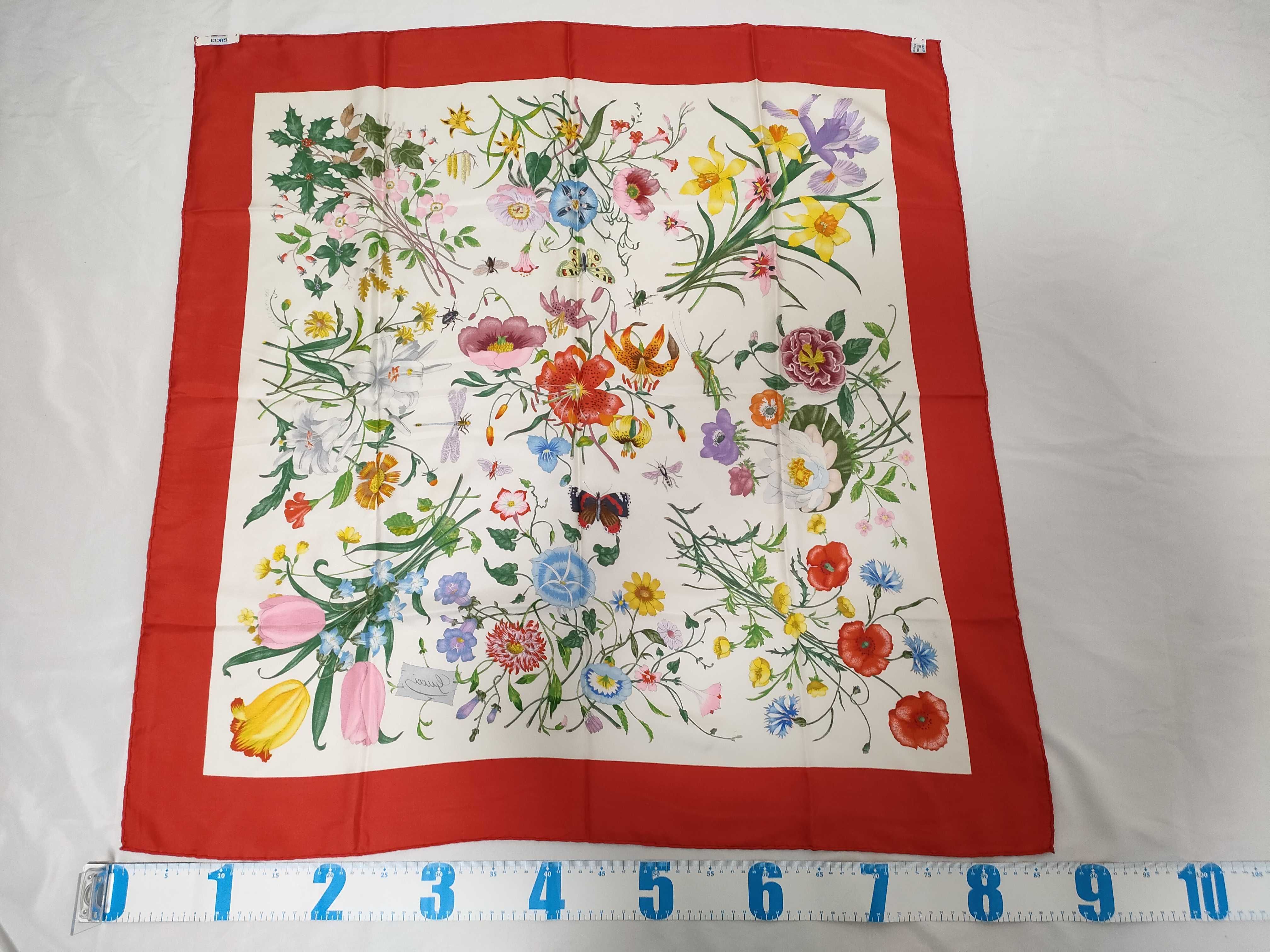 Gucci Silk Flora Print Foulard with Red Border