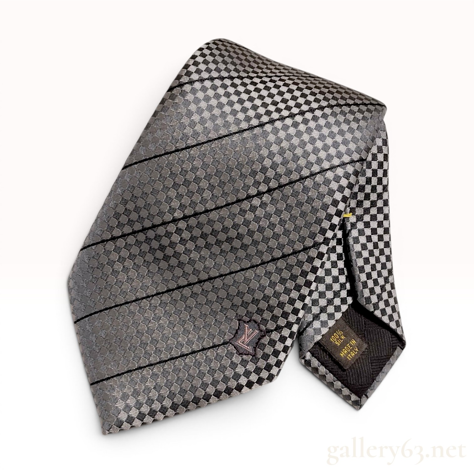 Louis Vuitton Silk Damier Pattern Checkered and Striped Necktie