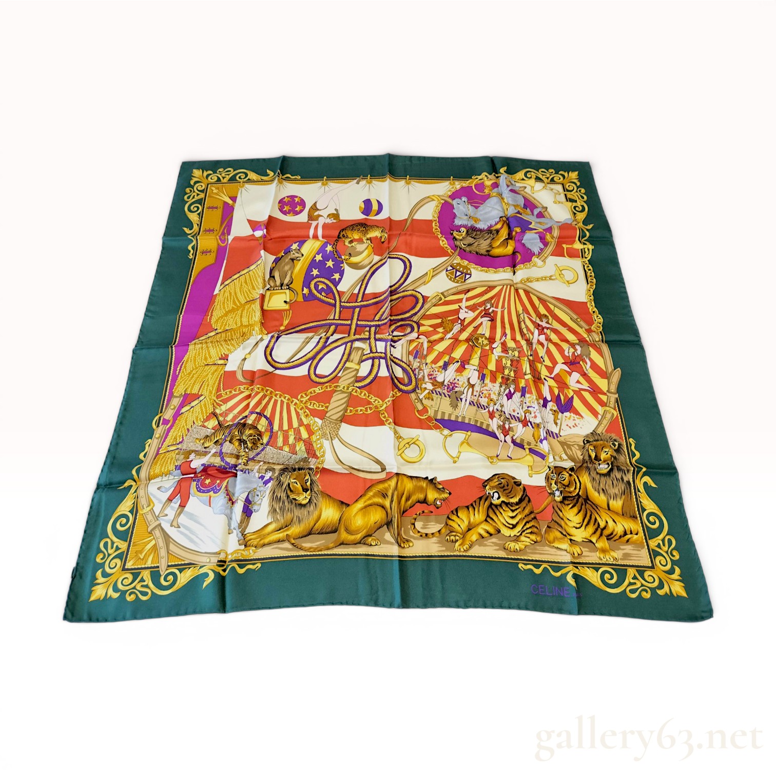 Vintage Celine Paris Circus Motif Silk Scarf