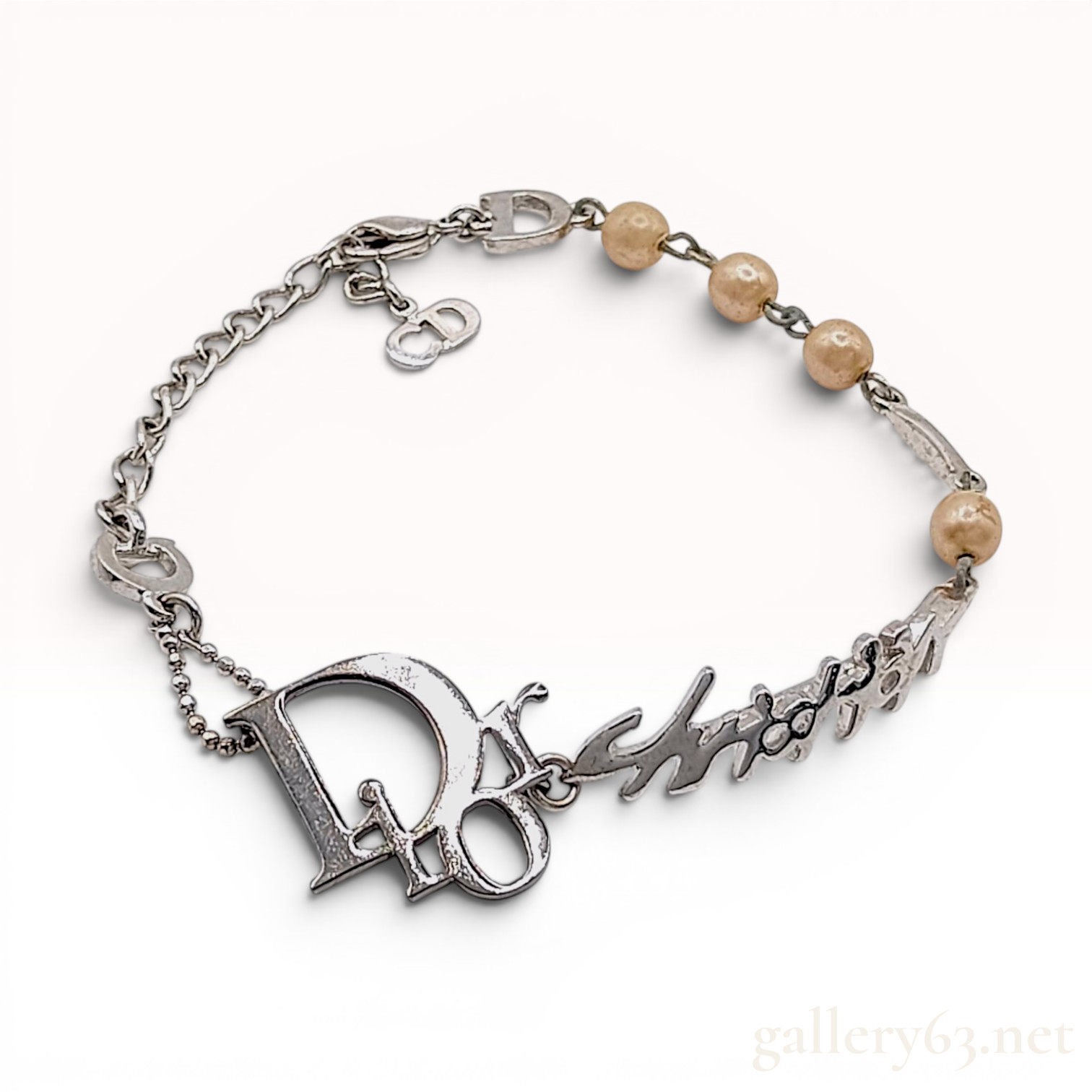 Christian Dior Silver-Tone Logo and Faux Pearl Charm Bracelet