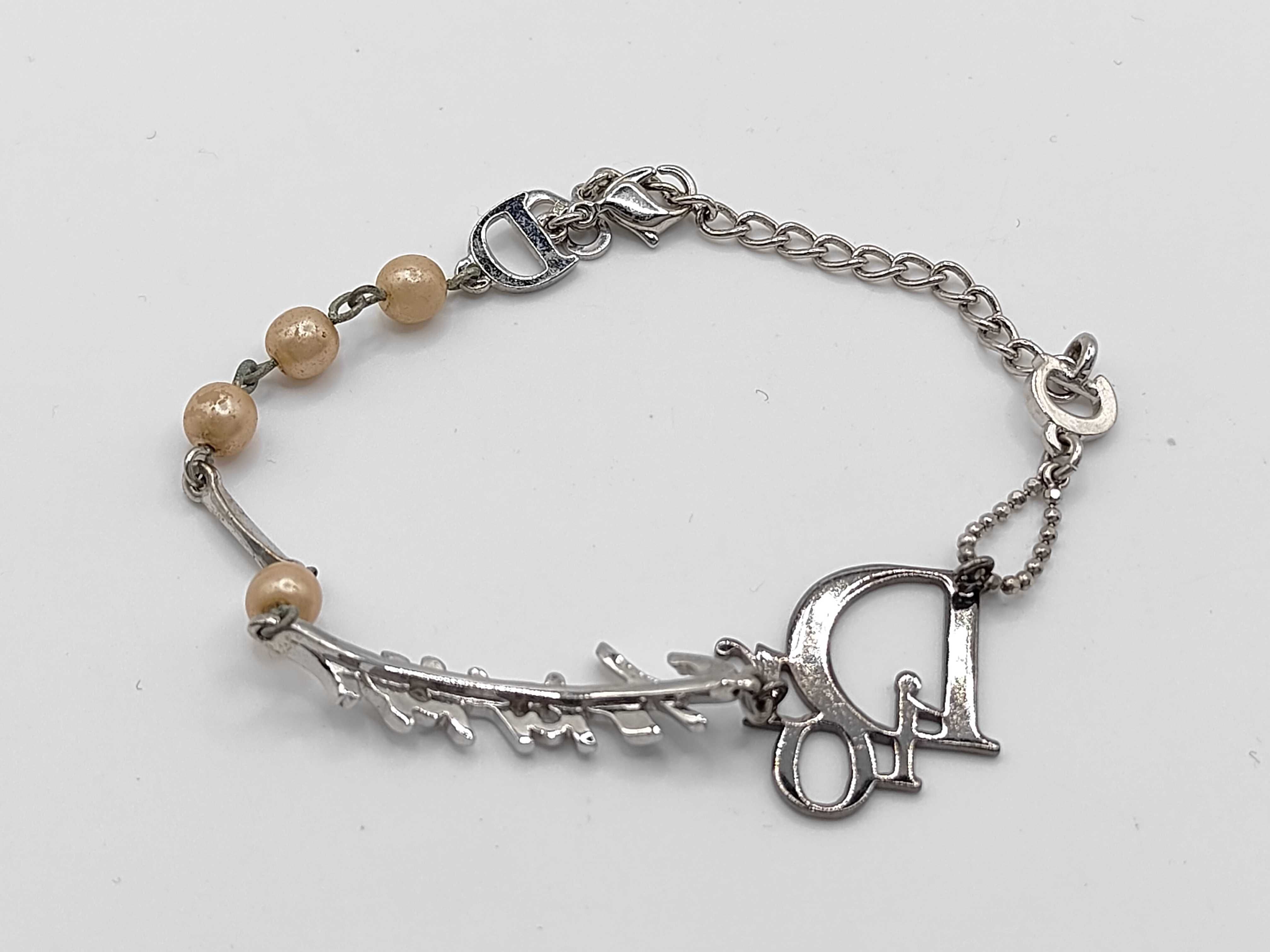 Christian Dior Silver-Tone Logo and Faux Pearl Charm Bracelet