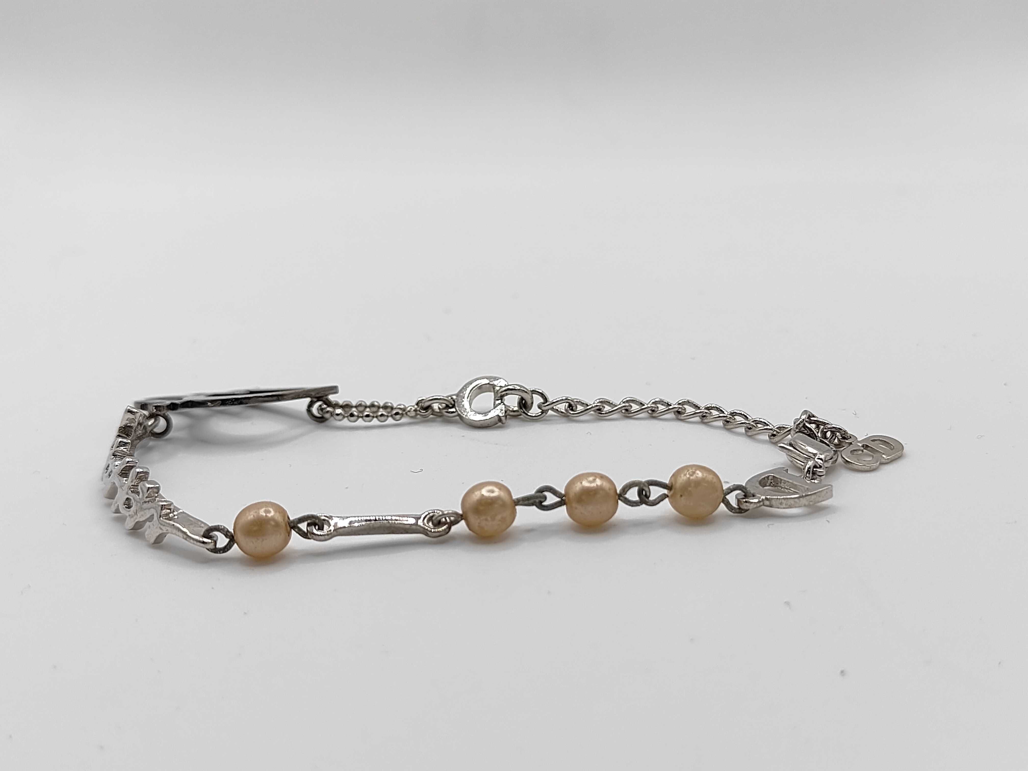 Christian Dior Silver-Tone Logo and Faux Pearl Charm Bracelet