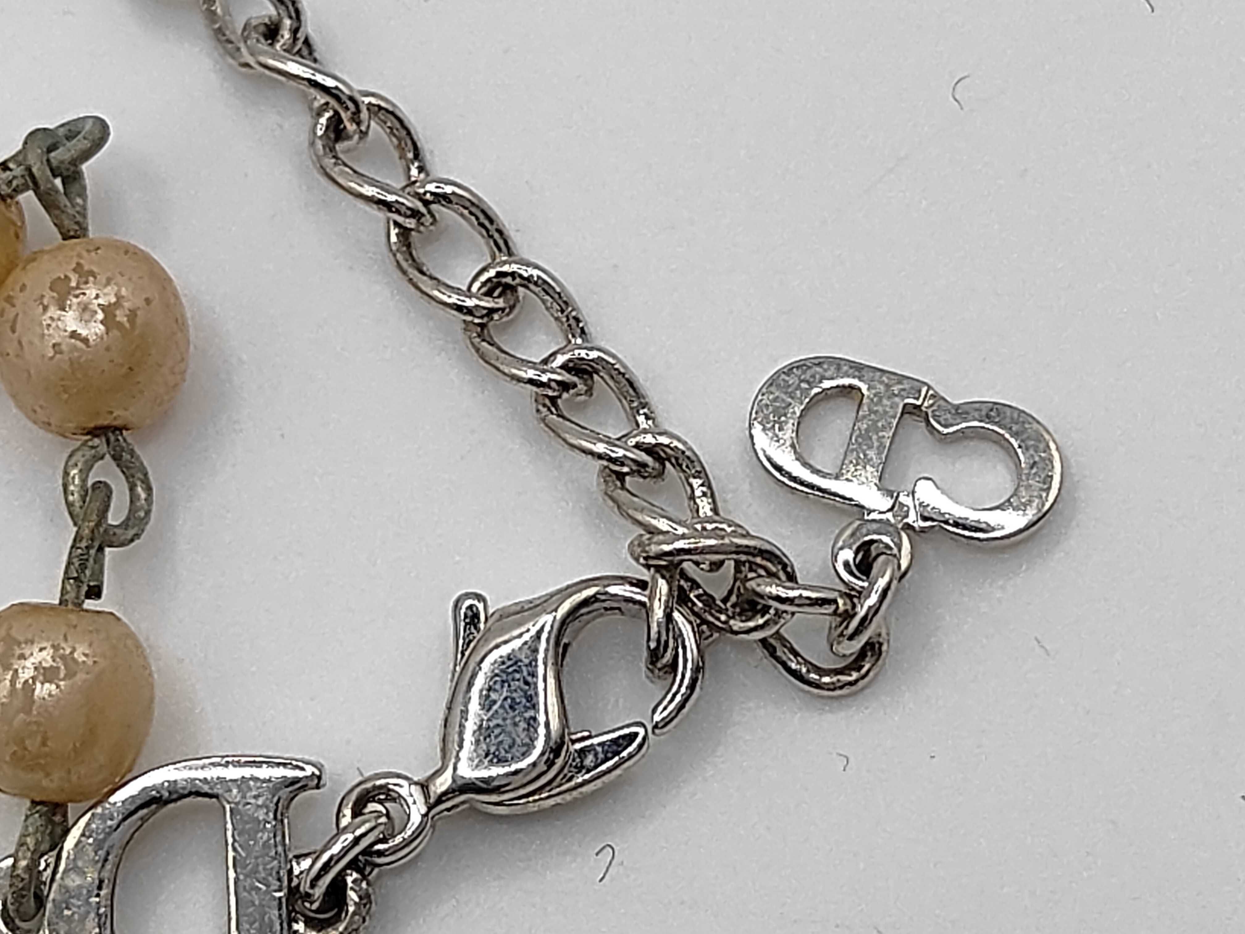 Christian Dior Silver-Tone Logo and Faux Pearl Charm Bracelet