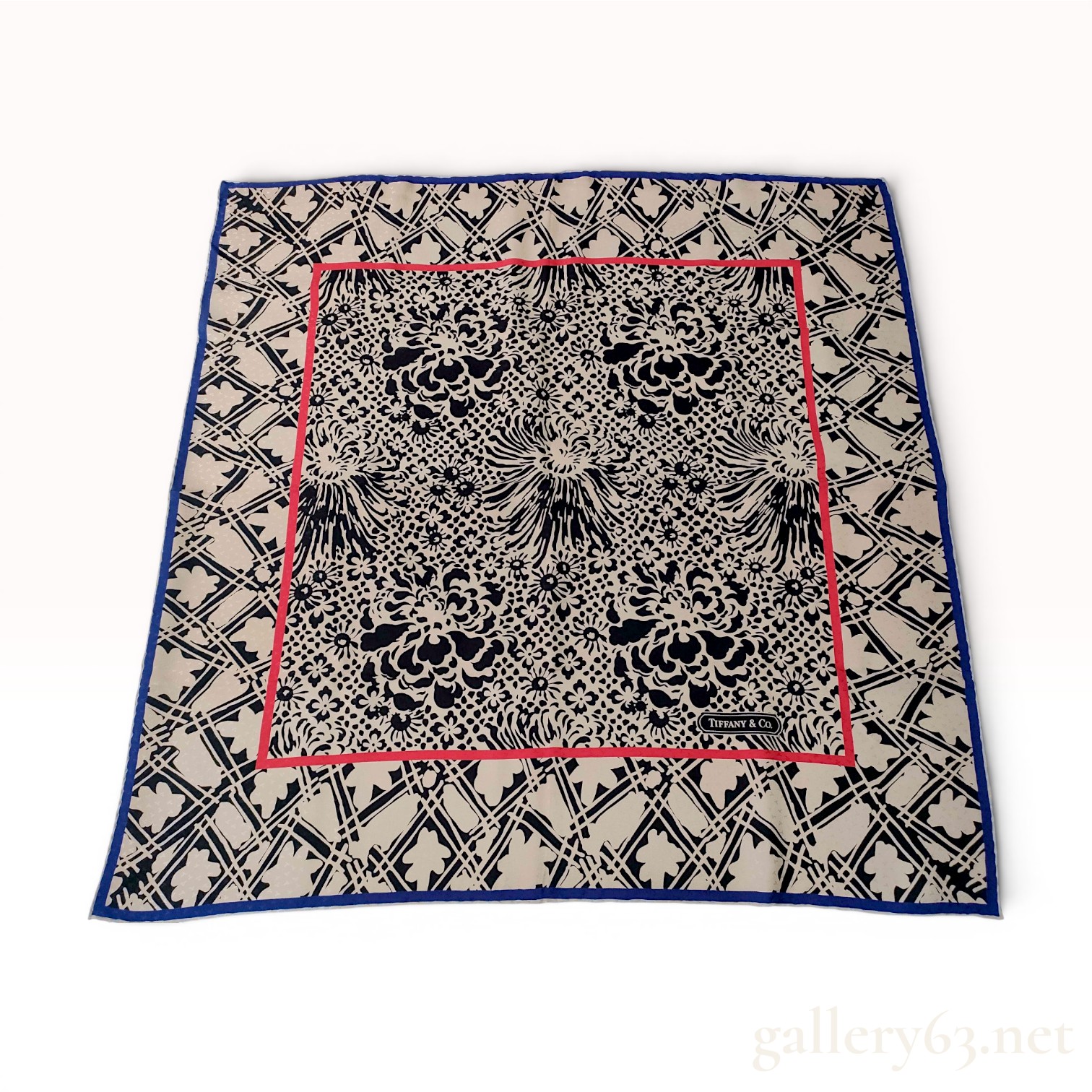 Tiffany and Co. Floral and Lattice Patterned Silk Scarf with Original Box