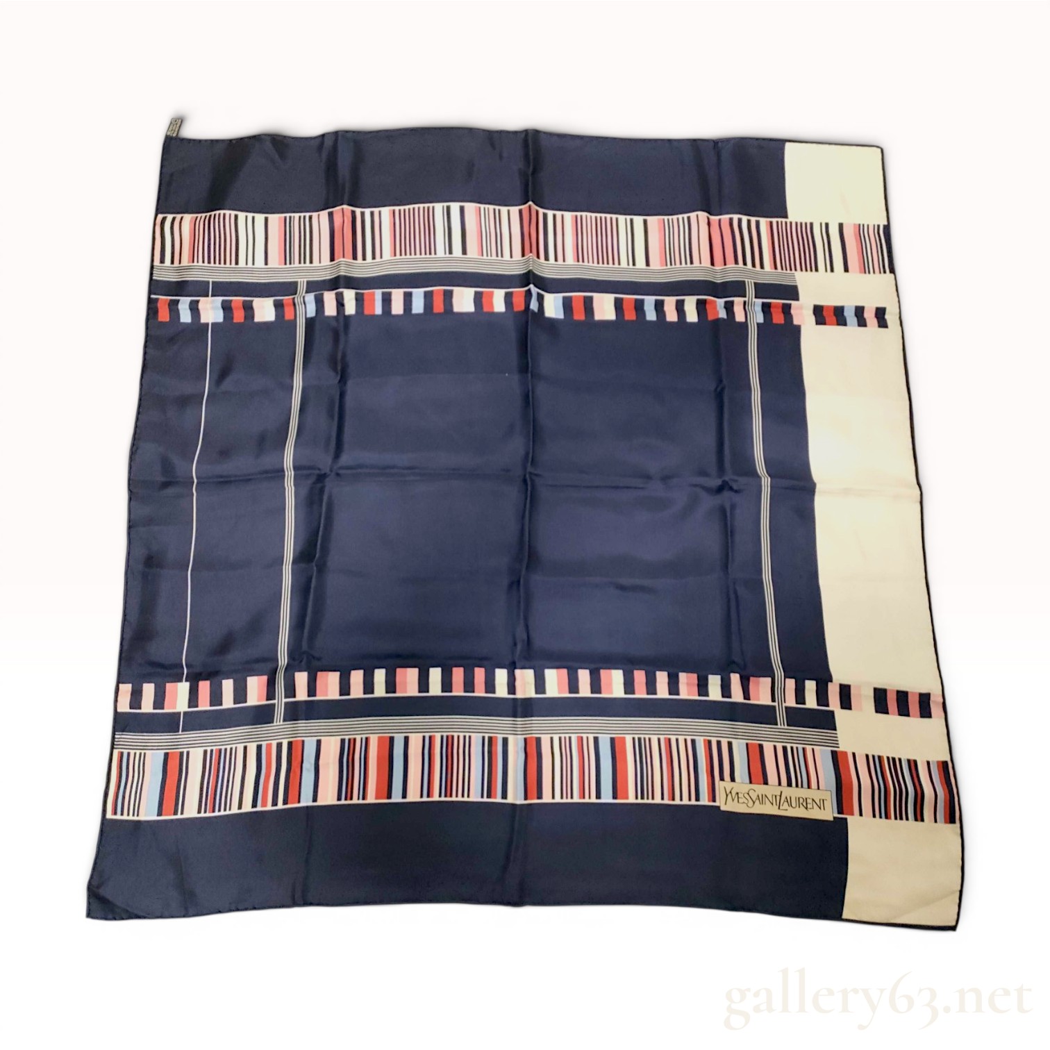 Vintage Yves Saint Laurent Geometric Navy Blue Silk Scarf