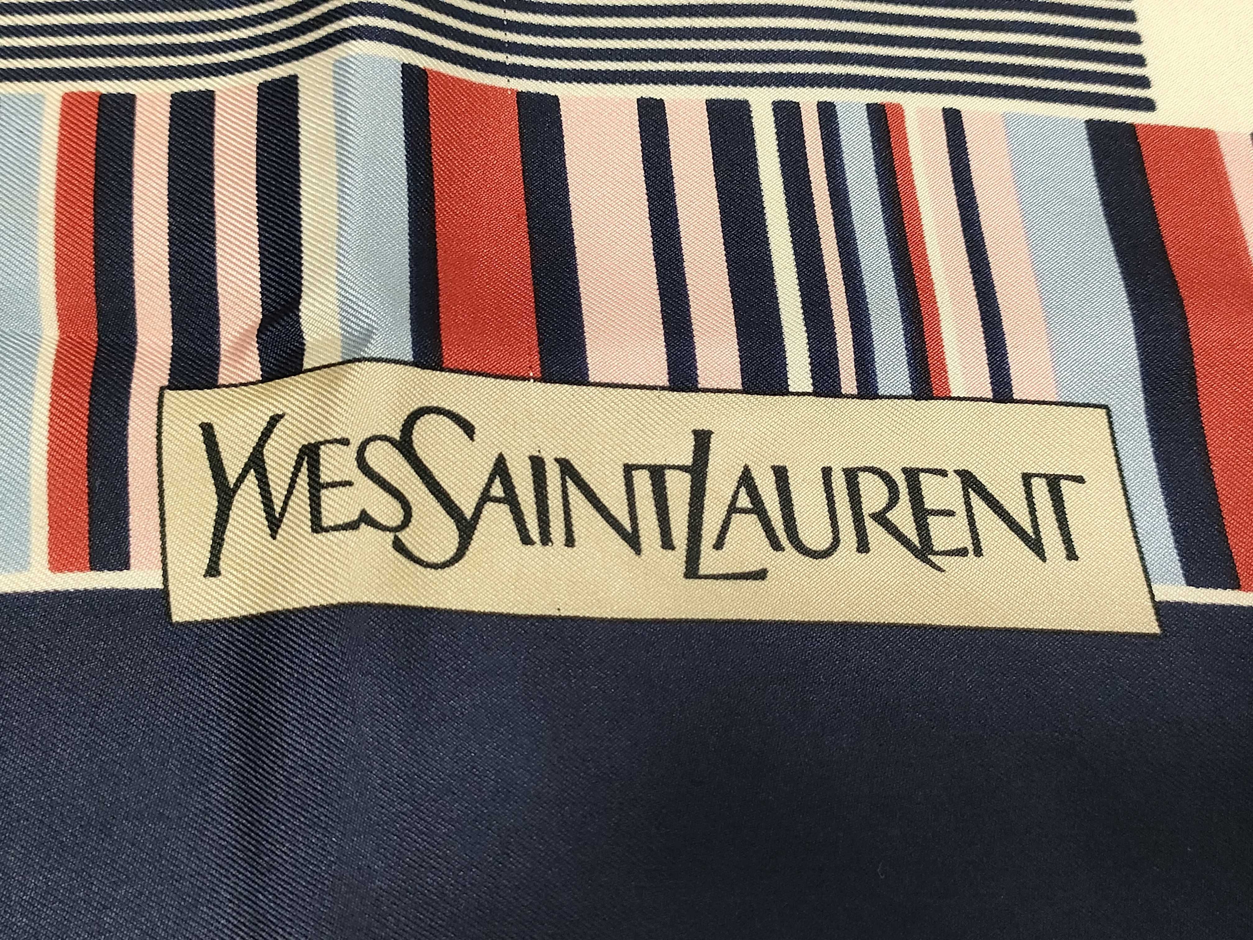 Vintage Yves Saint Laurent Geometric Navy Blue Silk Scarf