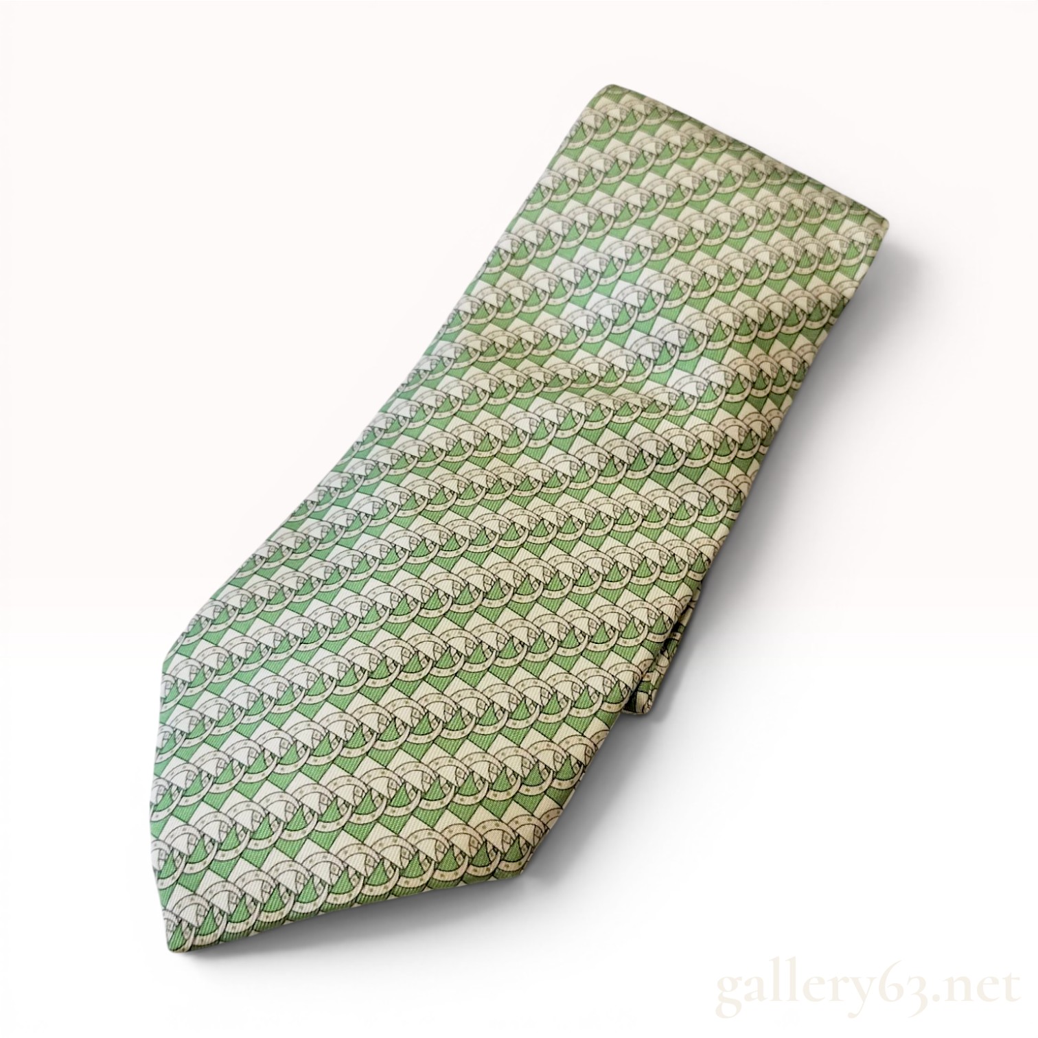 Hermes Silk Necktie Pattern 5619 EA Equestrian Stirrup Print Green