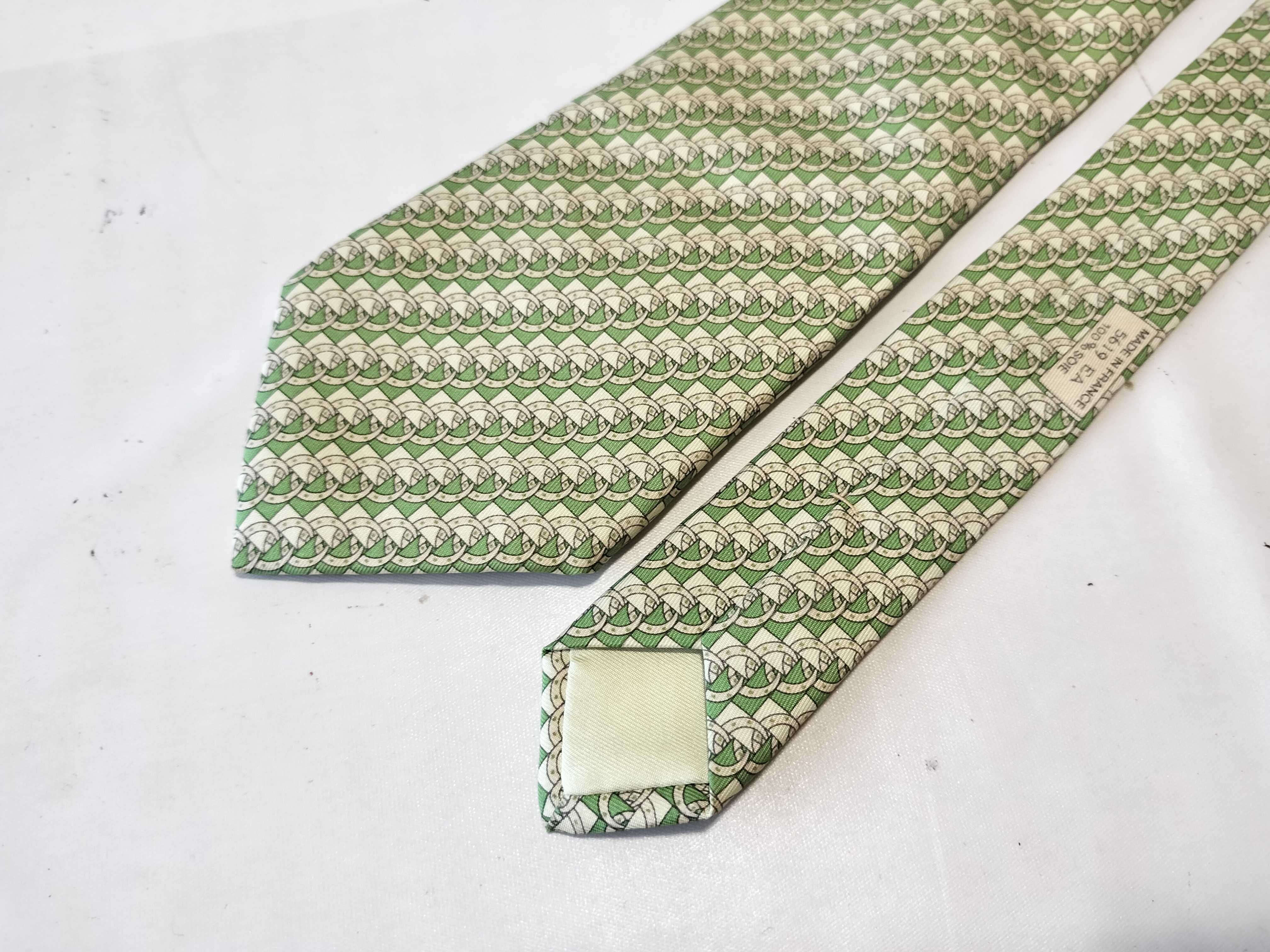 Hermes Silk Necktie Pattern 5619 EA Equestrian Stirrup Print Green