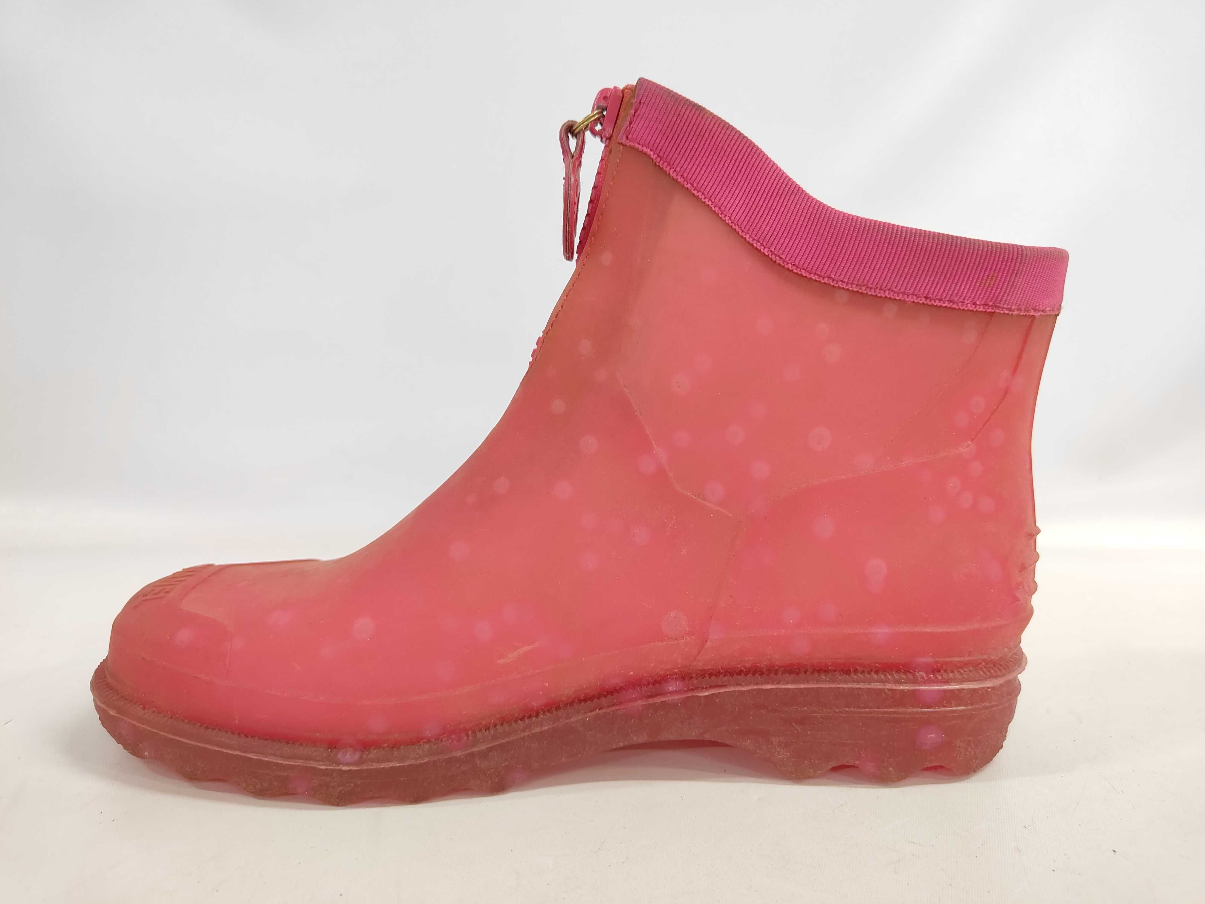 A Pair of Chanel Pink Polka Dot Translucent Rubber Front Zip Ankle Rain Boots Size 38