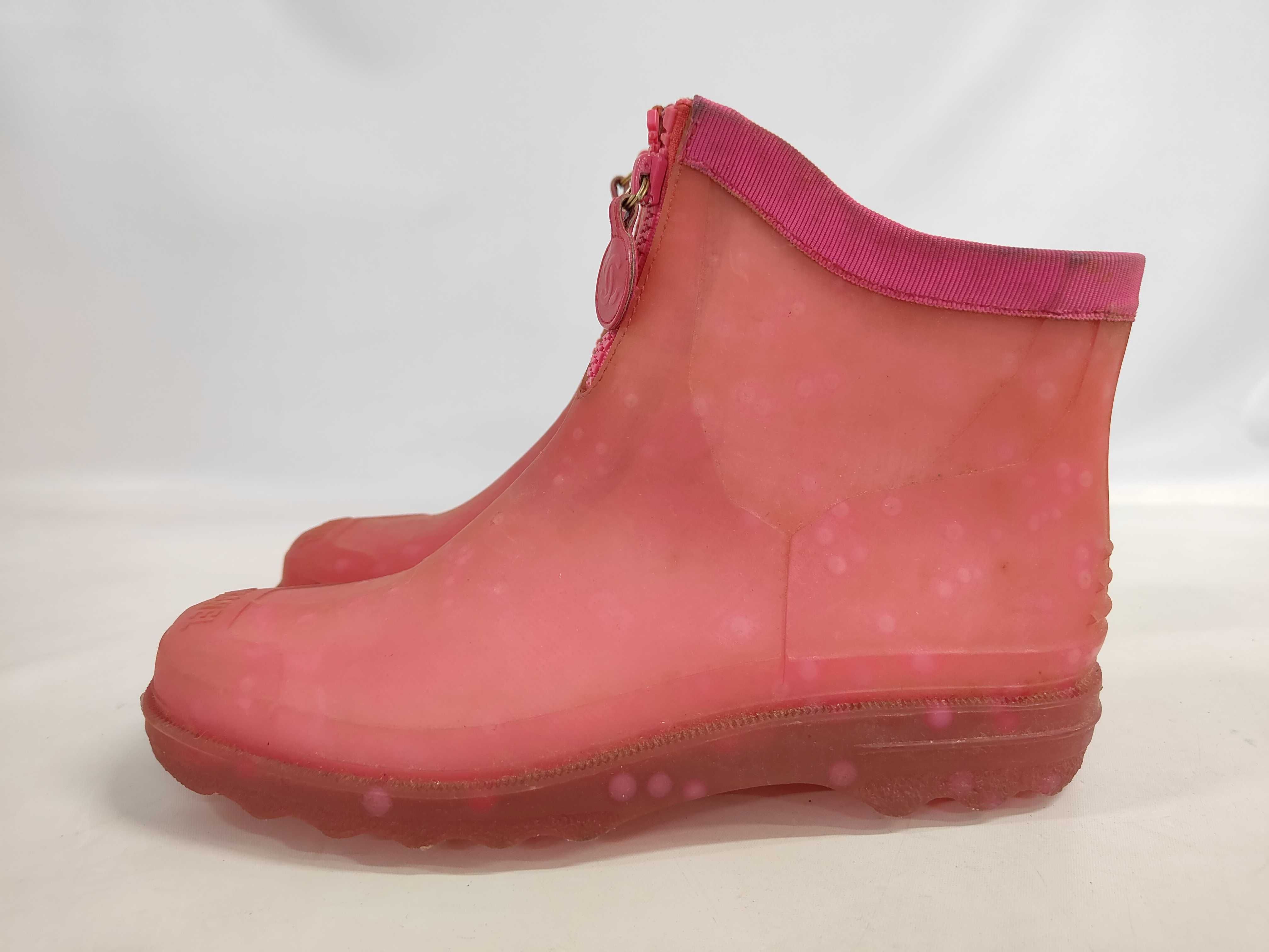 A Pair of Chanel Pink Polka Dot Translucent Rubber Front Zip Ankle Rain Boots Size 38