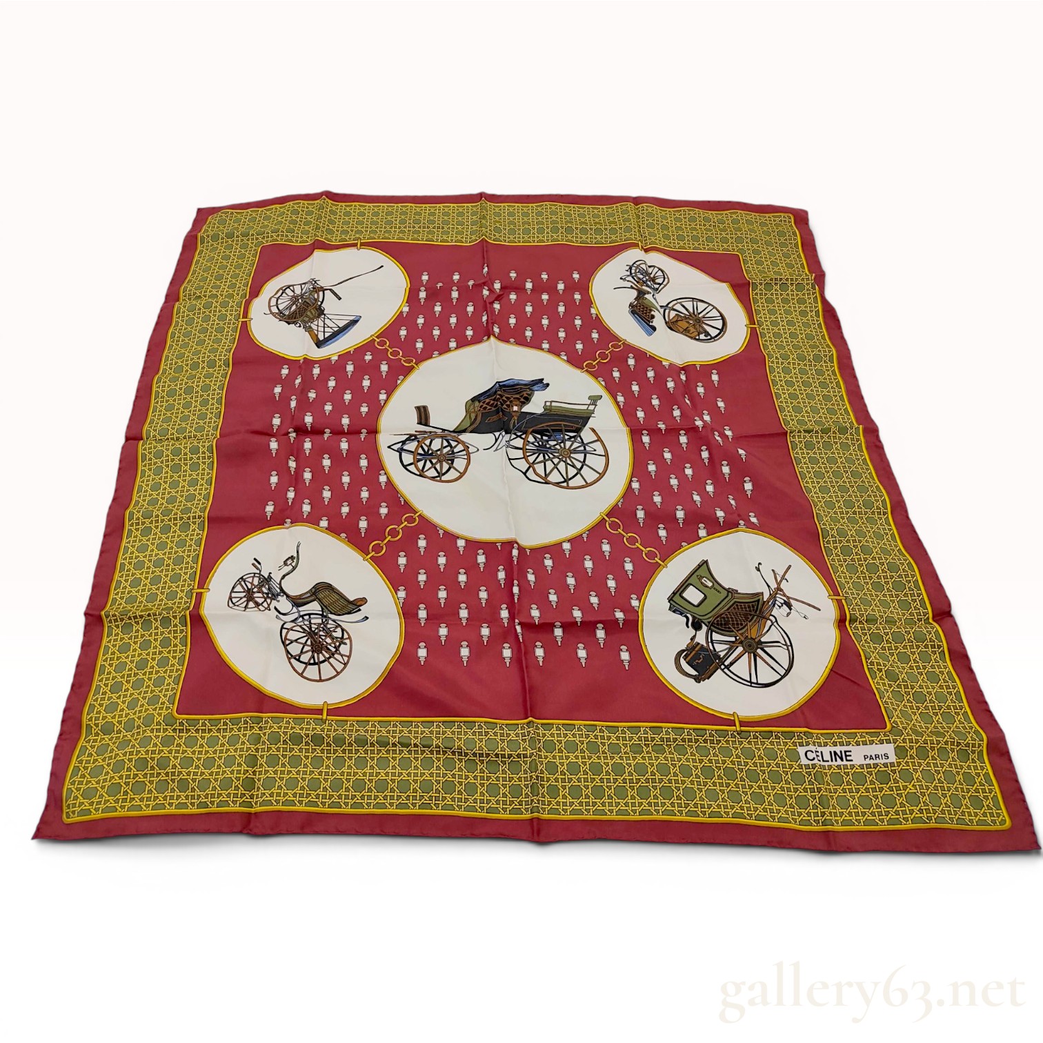 Céline Paris Vintage Silk Square Scarf with Equestrian Carriage Motif