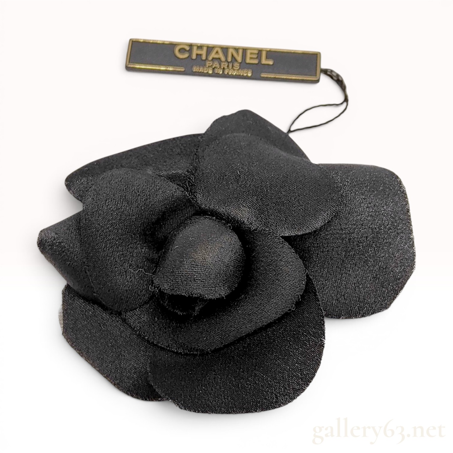 Vintage Chanel Black Fabric Camellia Flower 24K Gold-Plated Brooch with Box