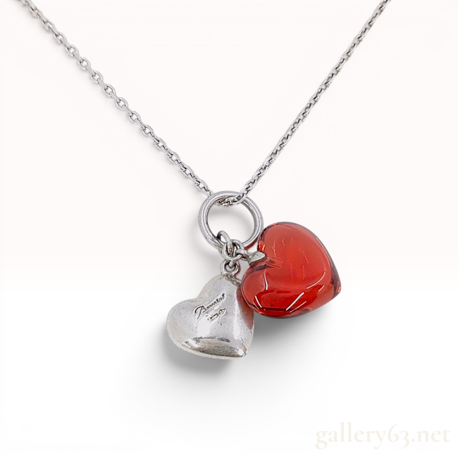 Baccarat Sterling Silver and Red Crystal Double Heart Pendant Necklace