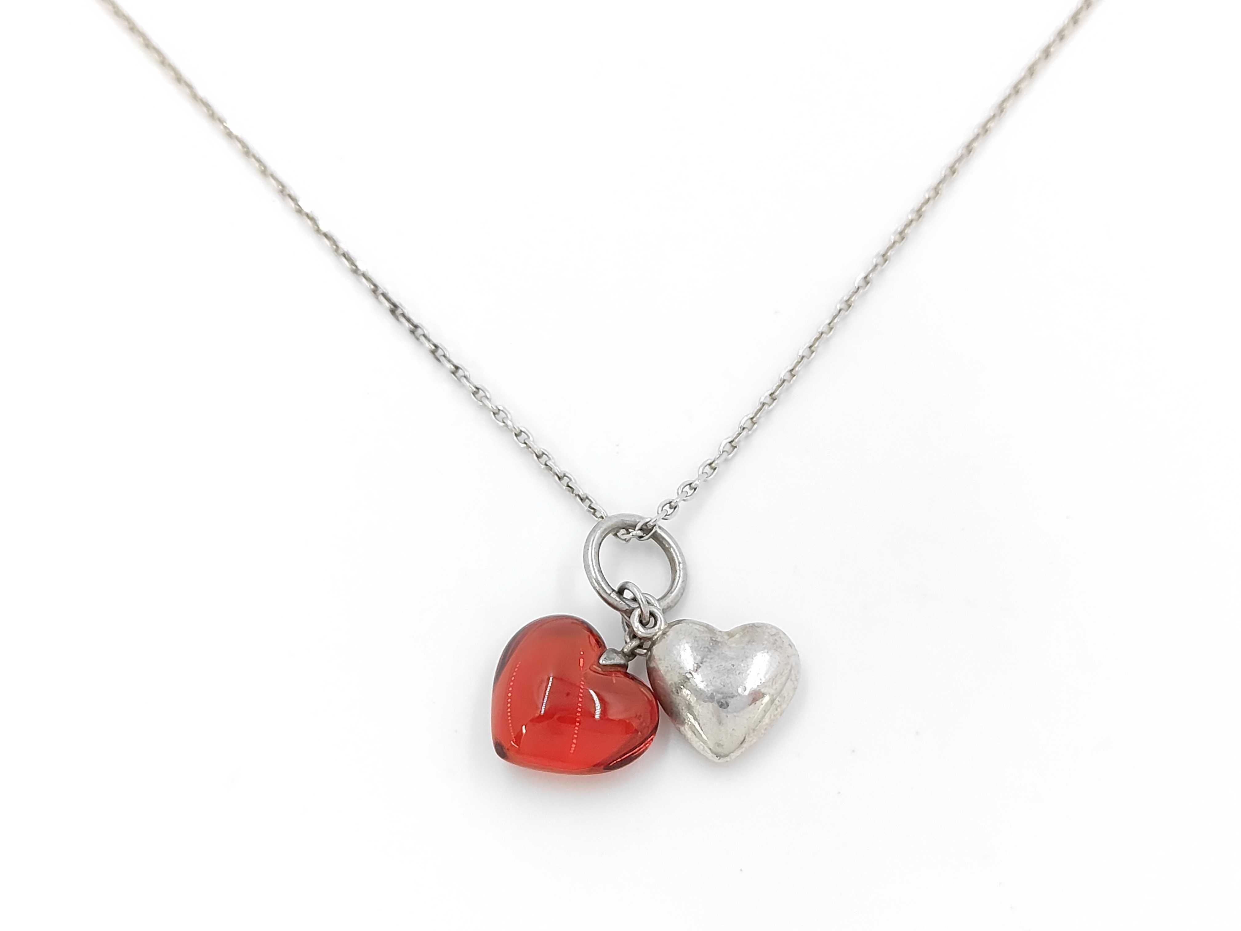 Baccarat Sterling Silver and Red Crystal Double Heart Pendant Necklace