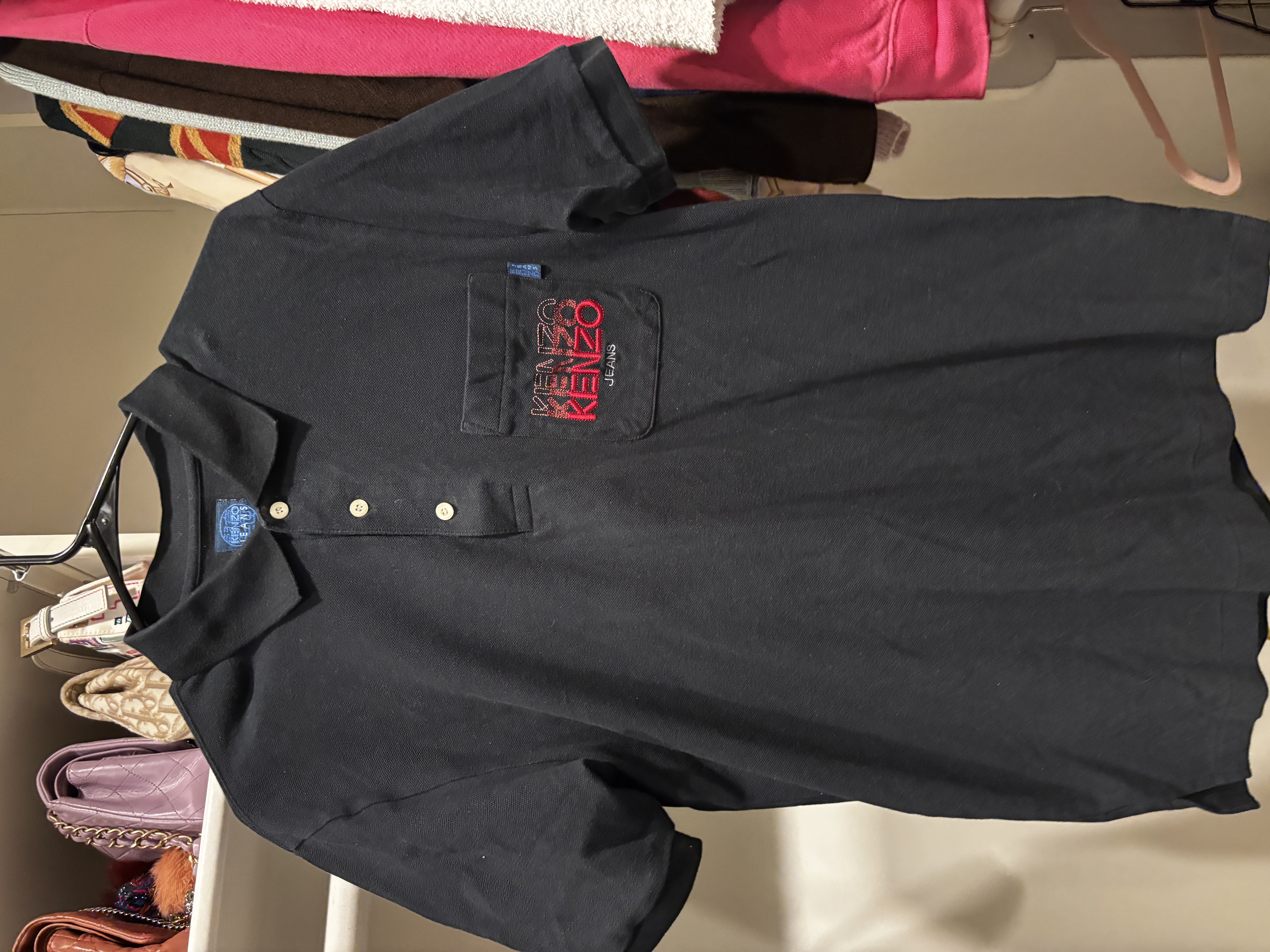 Kenzo Jeans Vintage Black Pique Polo Shirt with Embroidered Logo Pocket