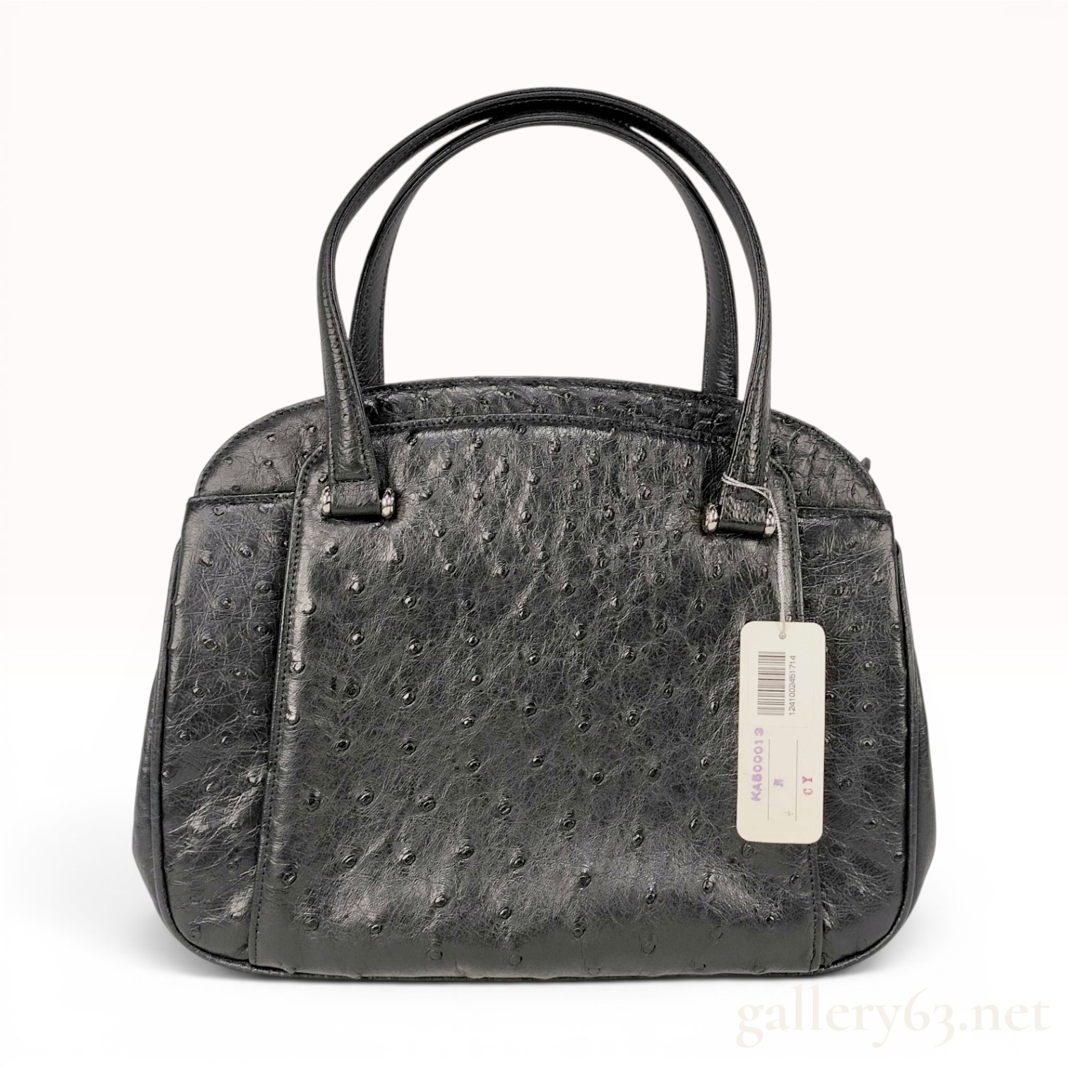 Vintage Black Ostrich Leather Domed Satchel Handbag