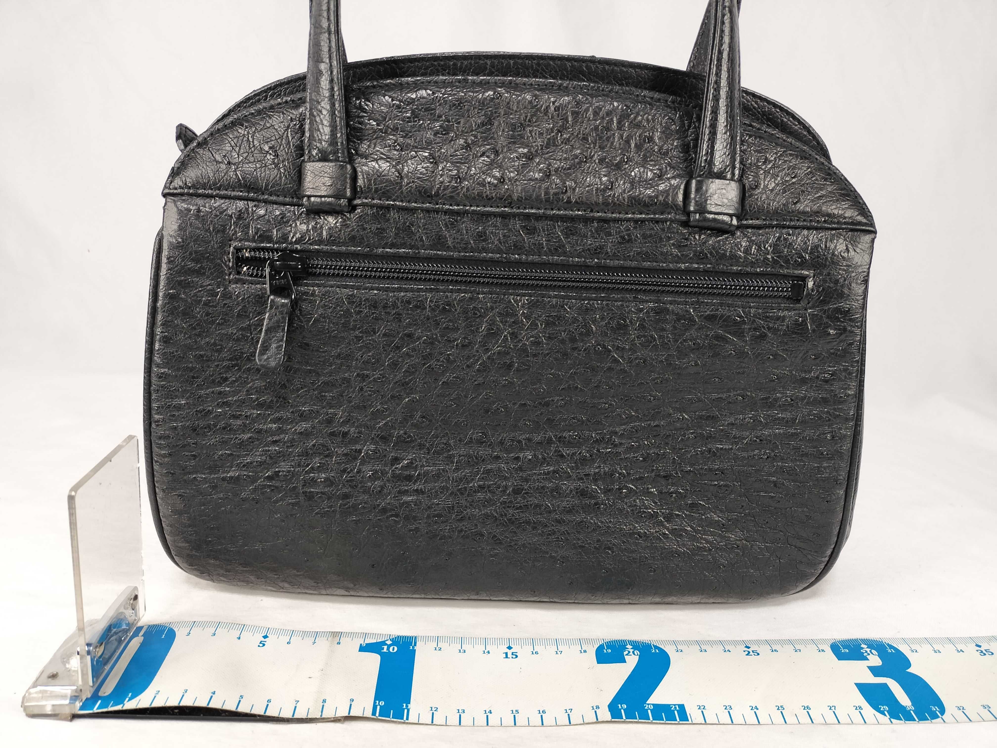 Vintage Black Ostrich Leather Domed Satchel Handbag