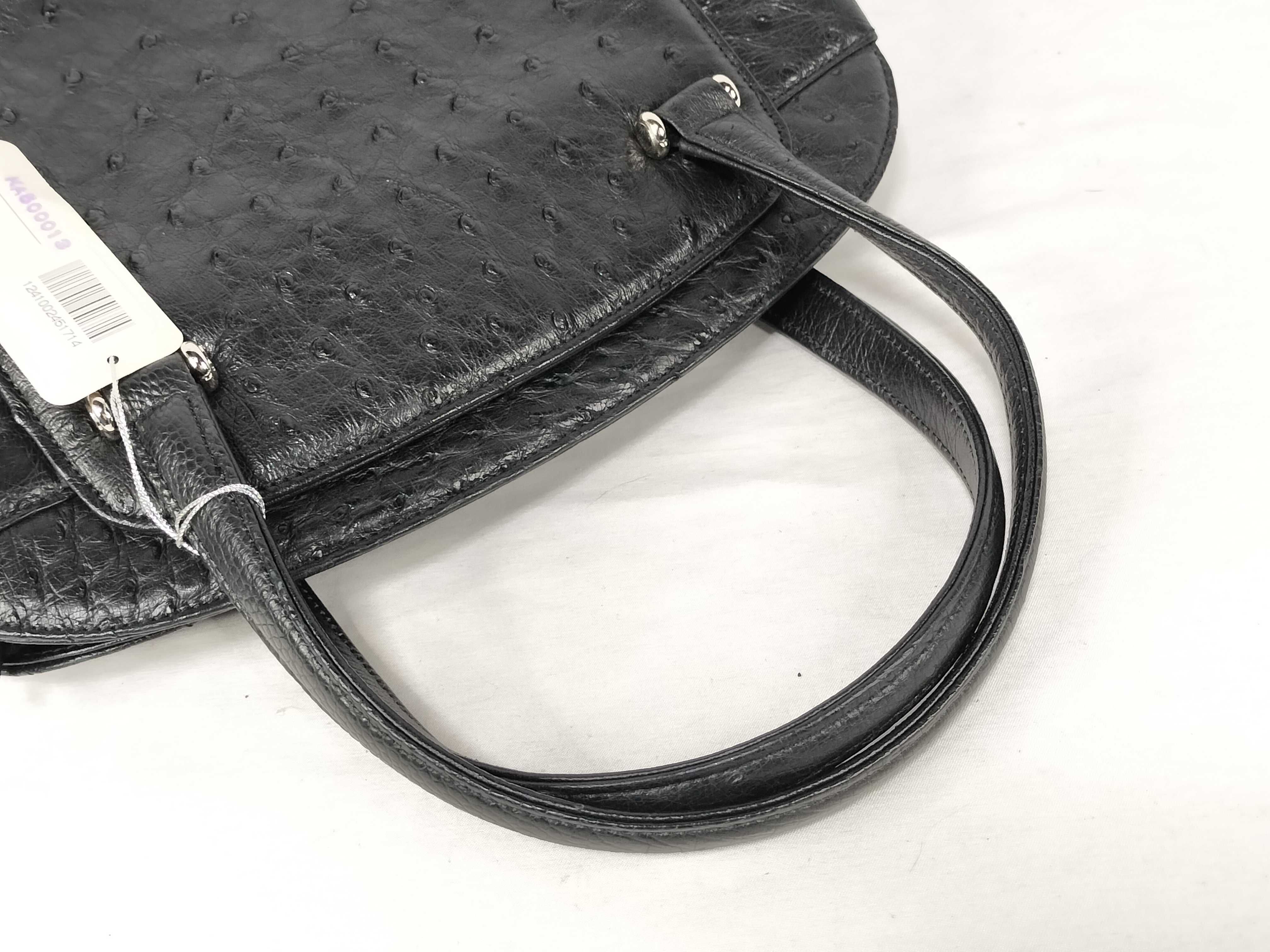 Vintage Black Ostrich Leather Domed Satchel Handbag
