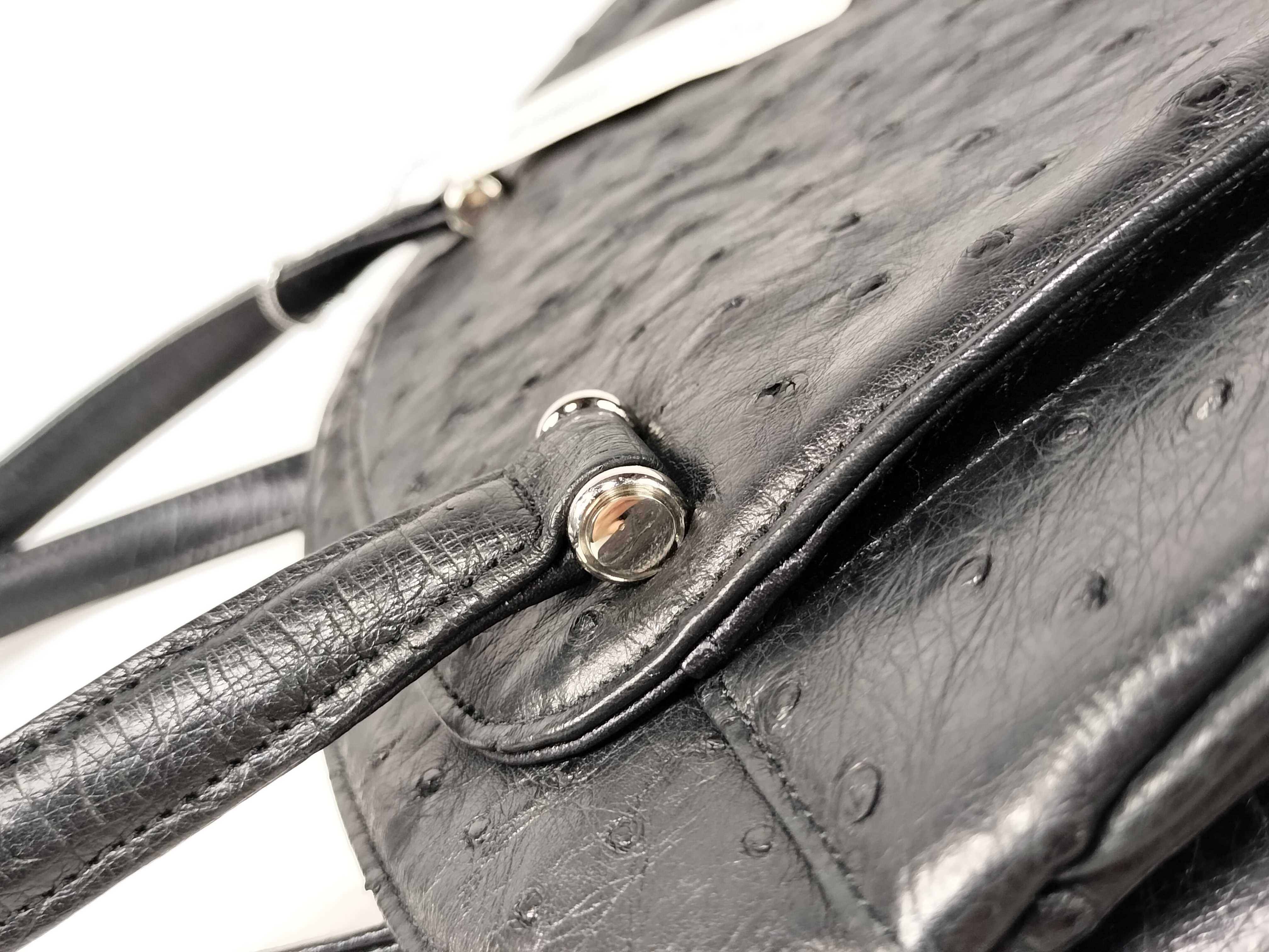 Vintage Black Ostrich Leather Domed Satchel Handbag