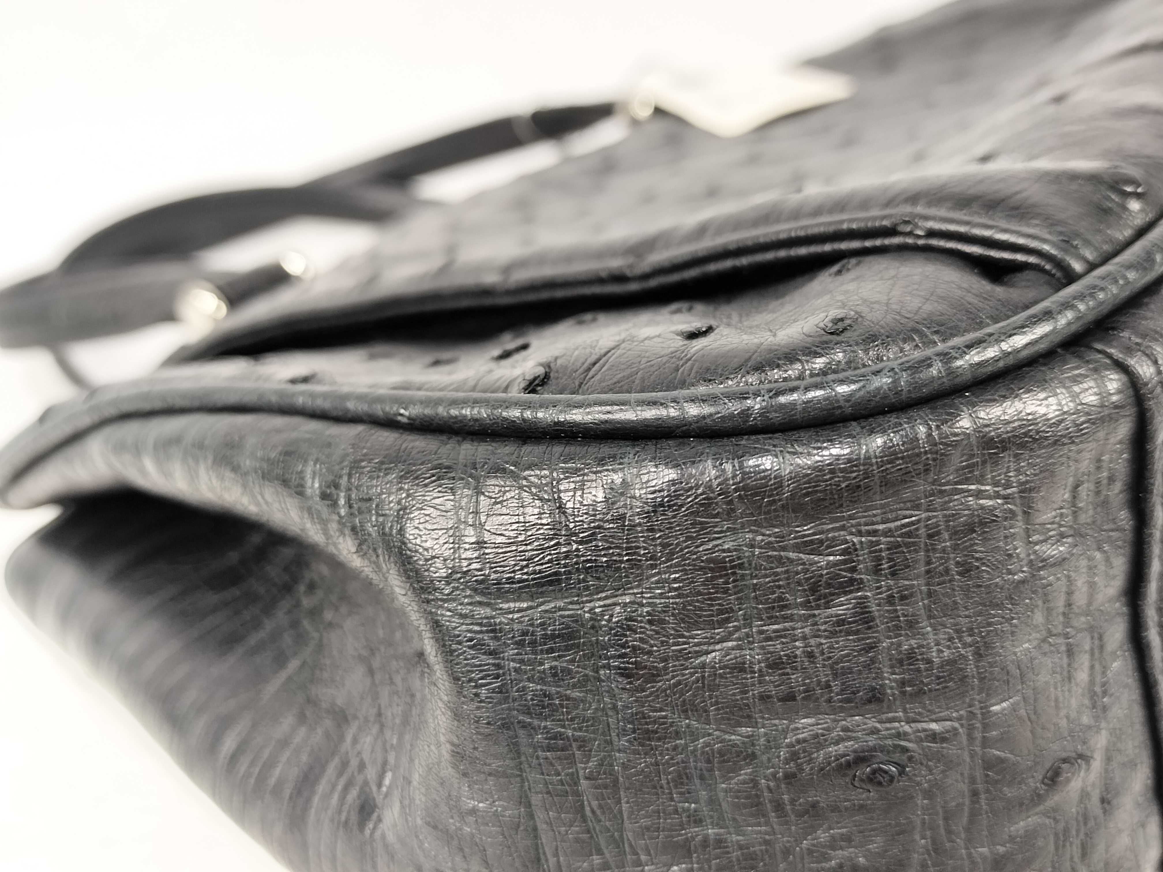 Vintage Black Ostrich Leather Domed Satchel Handbag