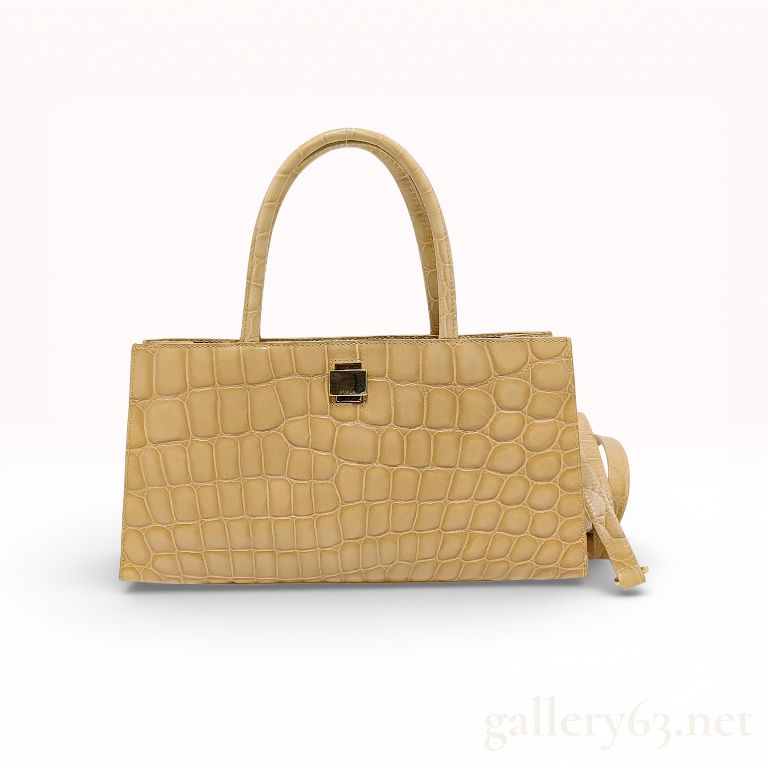 Furla Structured Top Handle Tote in Beige Leather