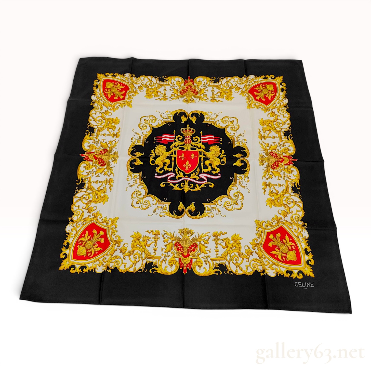 Celine Paris Vintage Heraldic Crest Silk Twill Scarf
