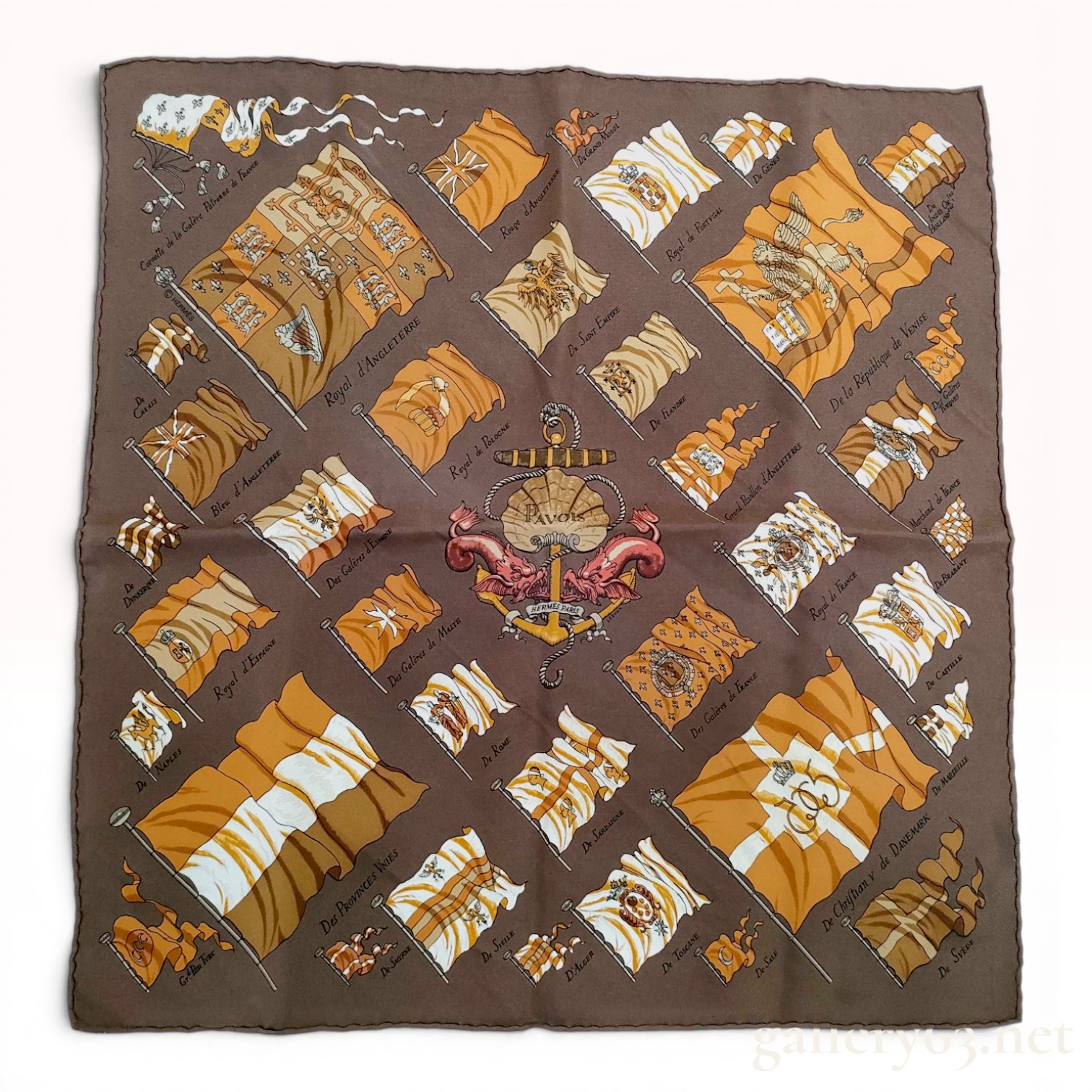 Hermes Pavois Carre 45 Silk Scarf in Brown and Gold with Box