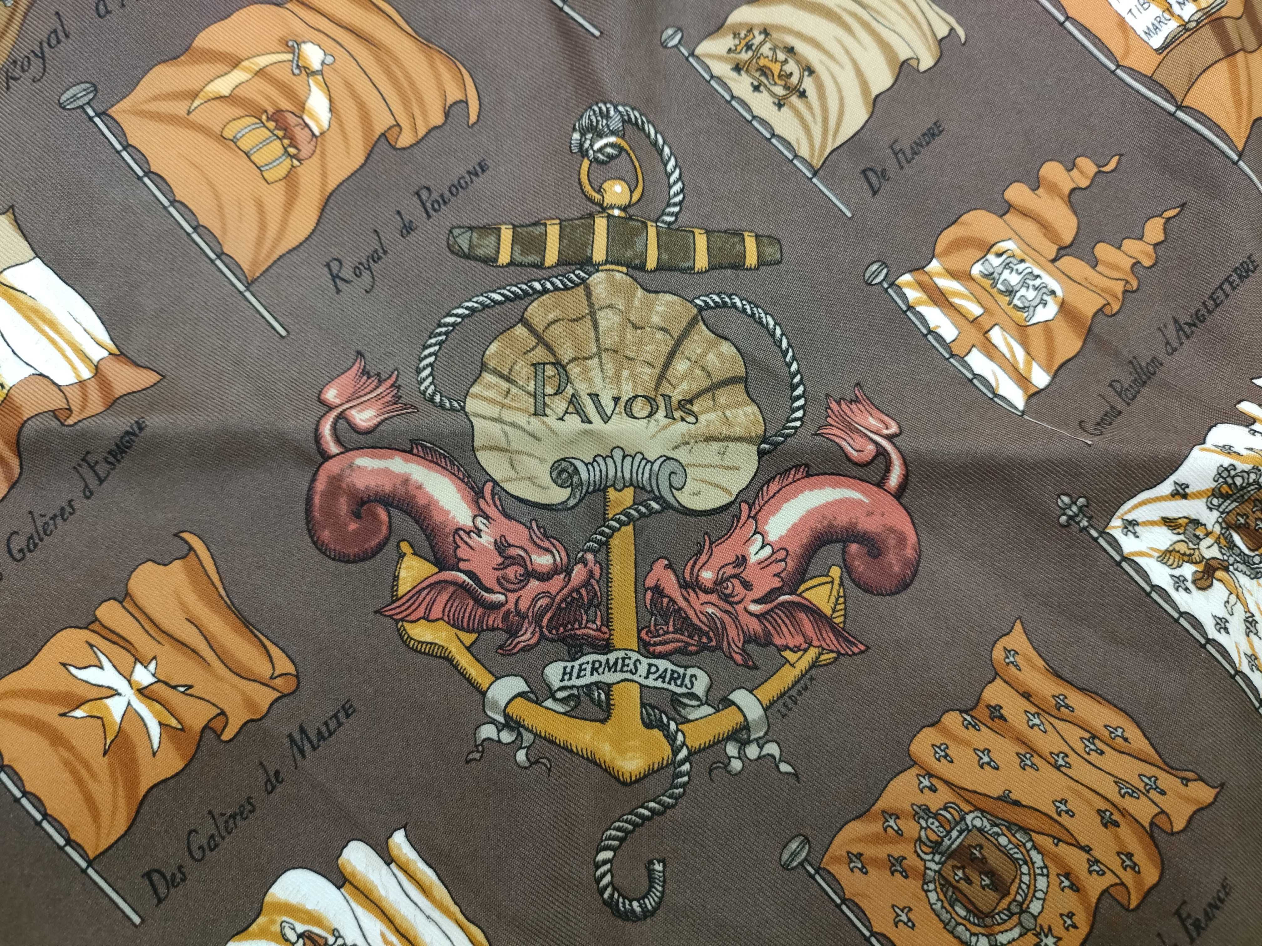 Hermes Pavois Carre 45 Silk Scarf in Brown and Gold with Box