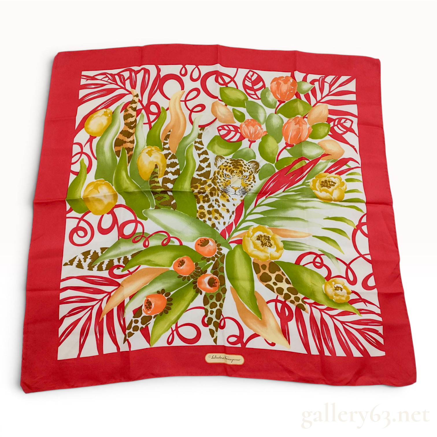 Salvatore Ferragamo Leopard and Jungle Motif Silk Scarf