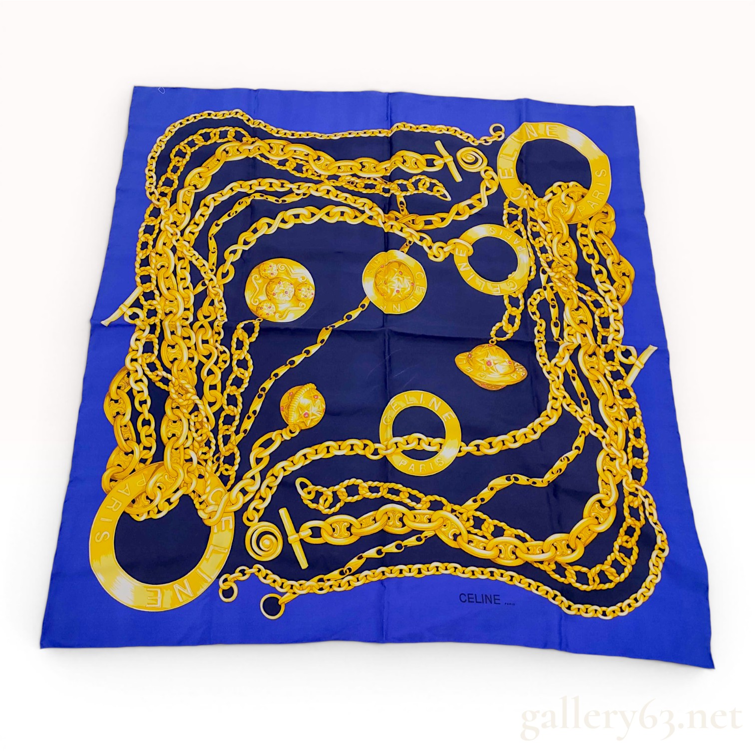 Celine Vintage French Silk Scarf with Golden Chain and Medallion Motif