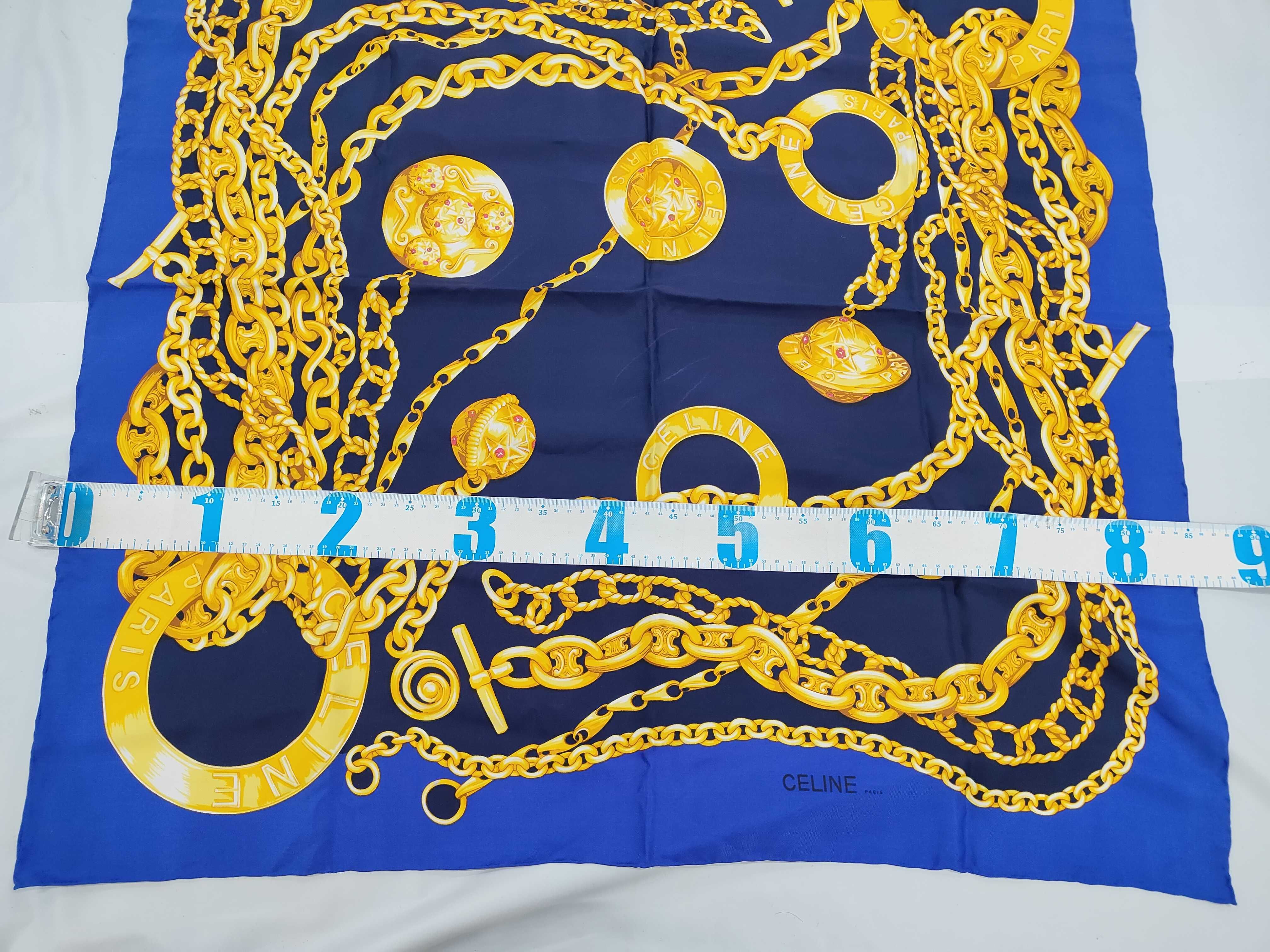 Celine Vintage French Silk Scarf with Golden Chain and Medallion Motif