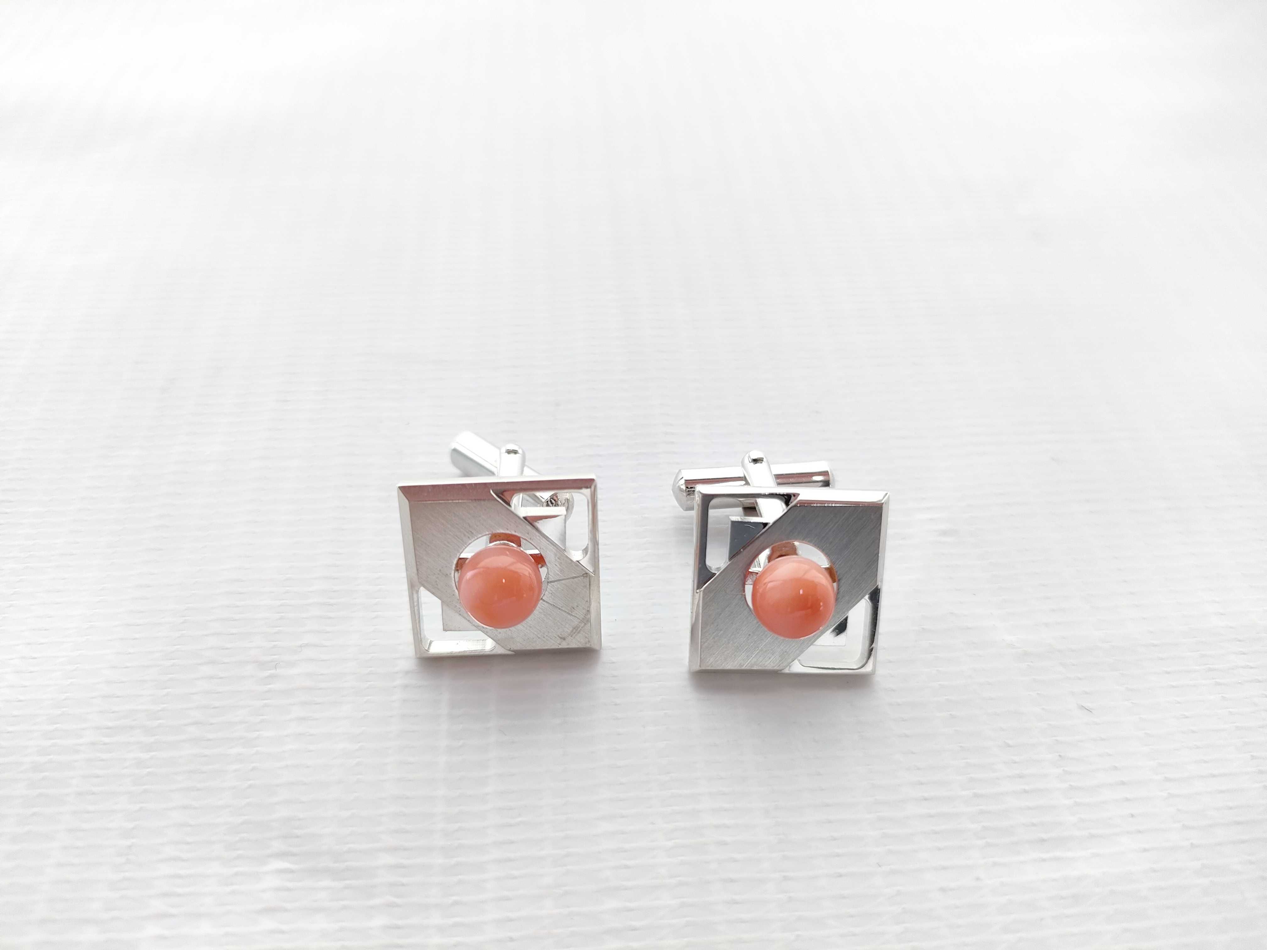 Mid-Century Modernist Silver and Salmon Antique Coral Cufflink and Tie Tack Set