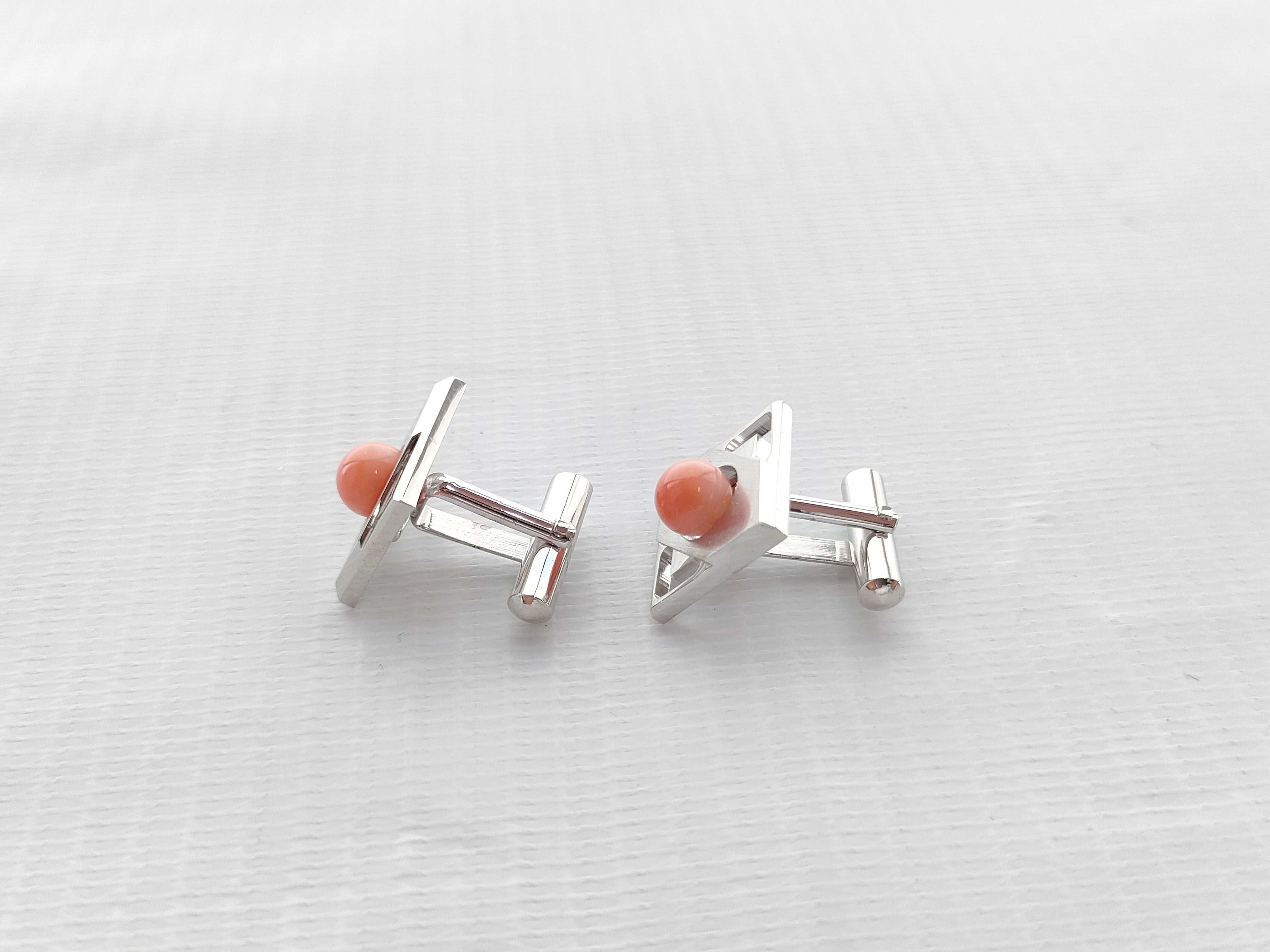 Mid-Century Modernist Silver and Salmon Antique Coral Cufflink and Tie Tack Set