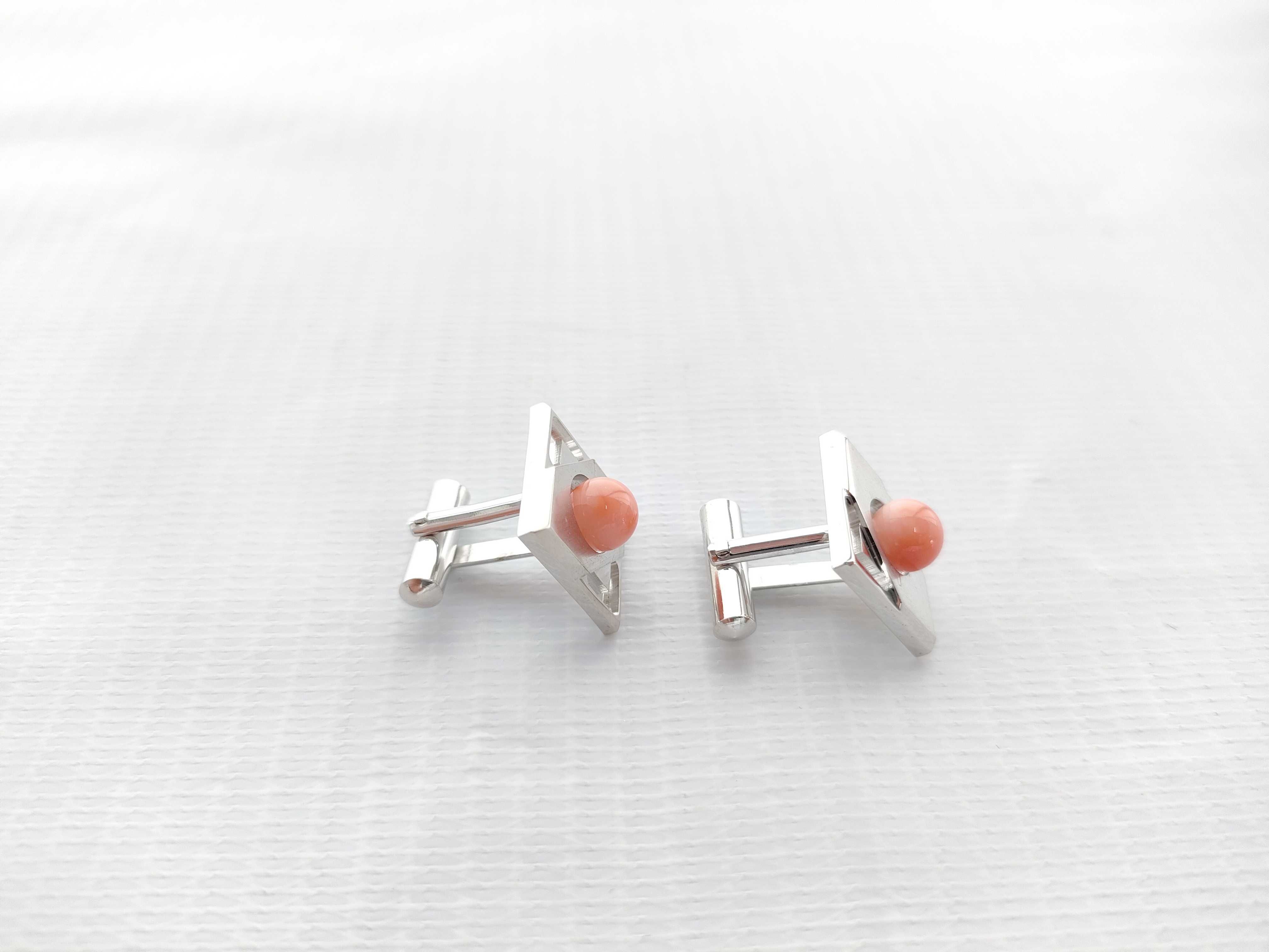 Mid-Century Modernist Silver and Salmon Antique Coral Cufflink and Tie Tack Set