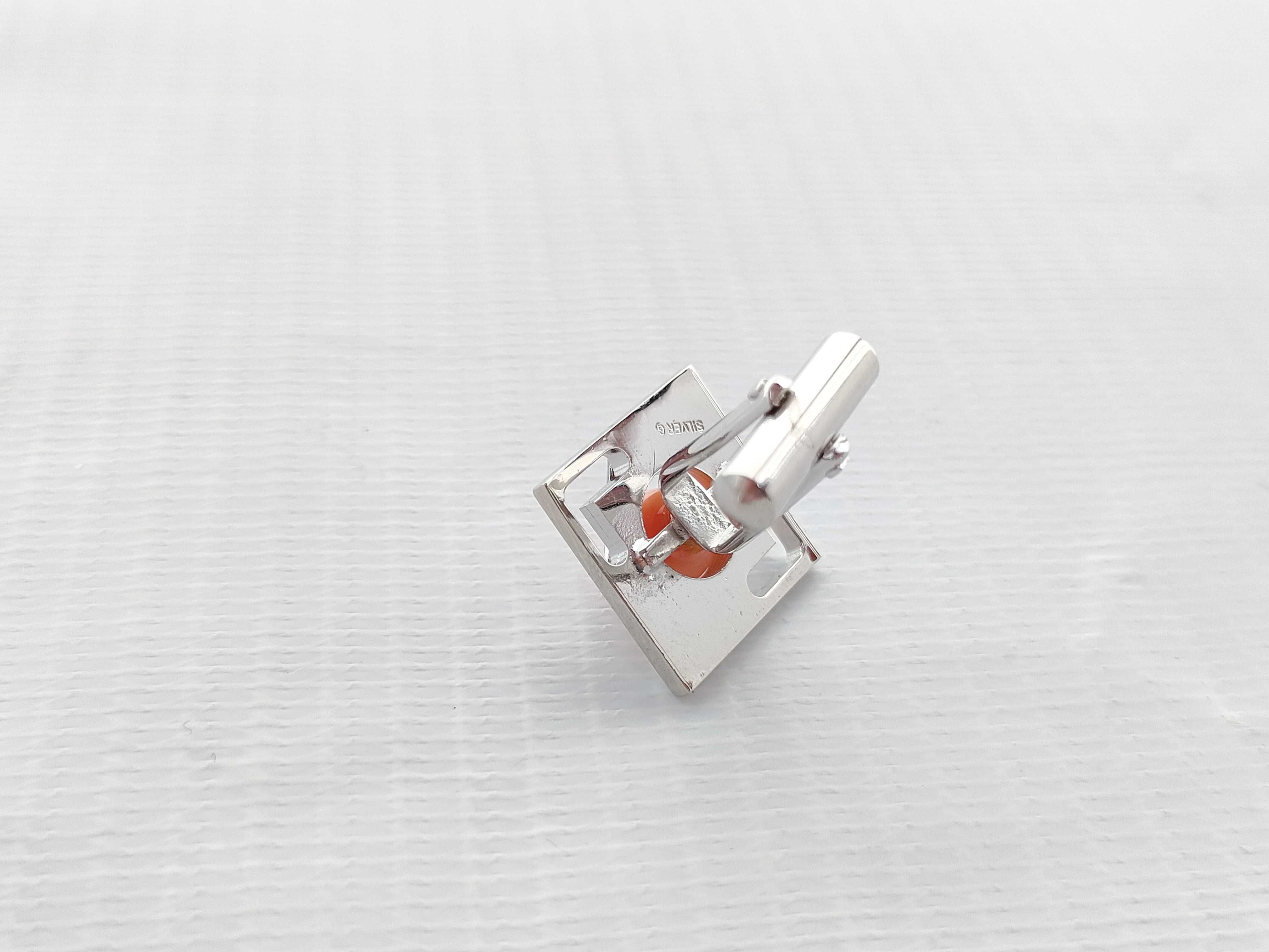 Mid-Century Modernist Silver and Salmon Antique Coral Cufflink and Tie Tack Set