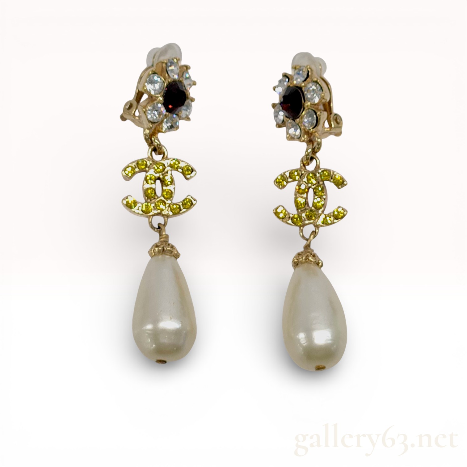 A Pair of Chanel Autumn 2005 Crystal and Faux Pearl CC Logo Drop Earrings