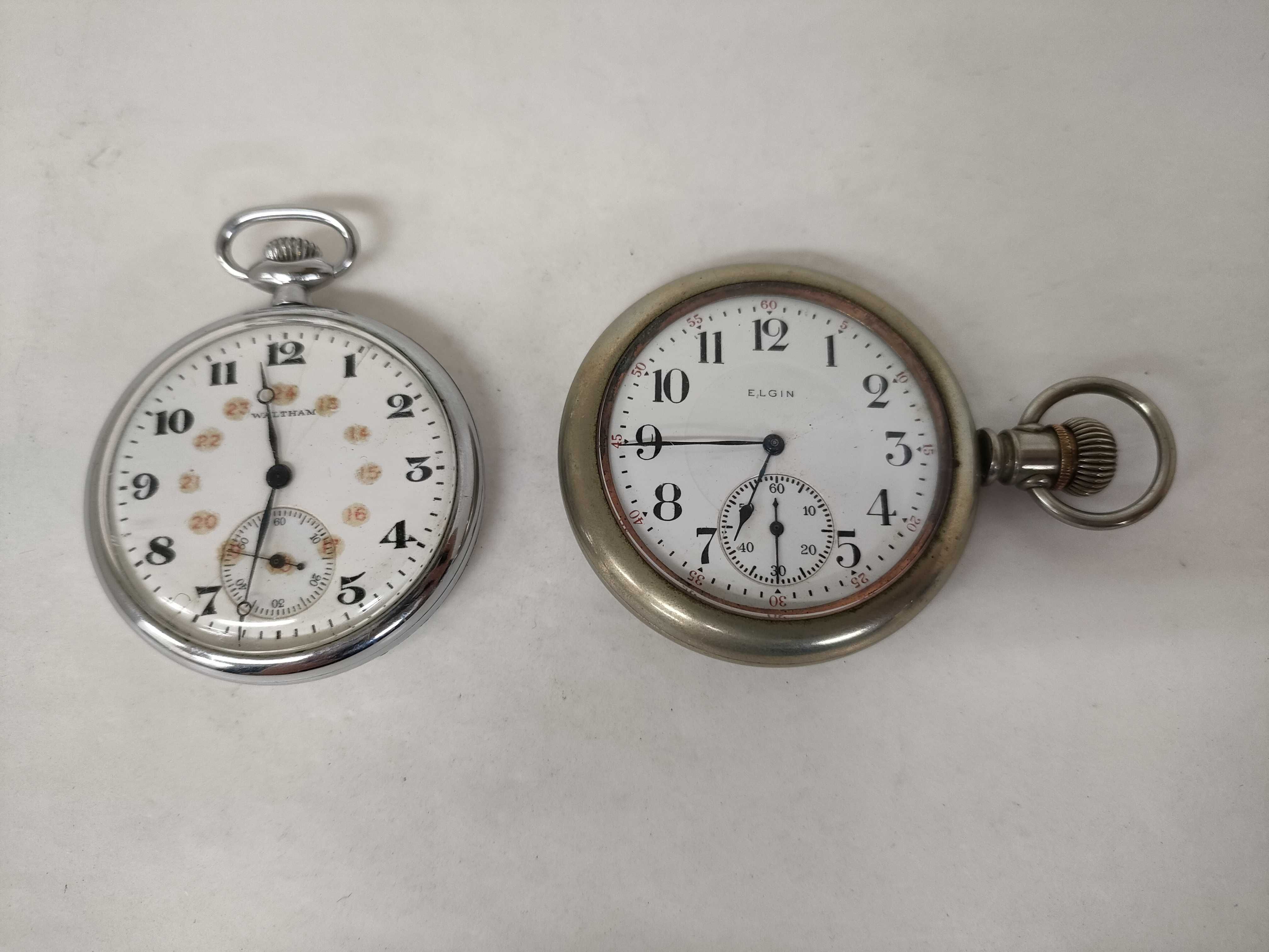 Two Vintage American Open Face Pocket Watches by Waltham and Elgin