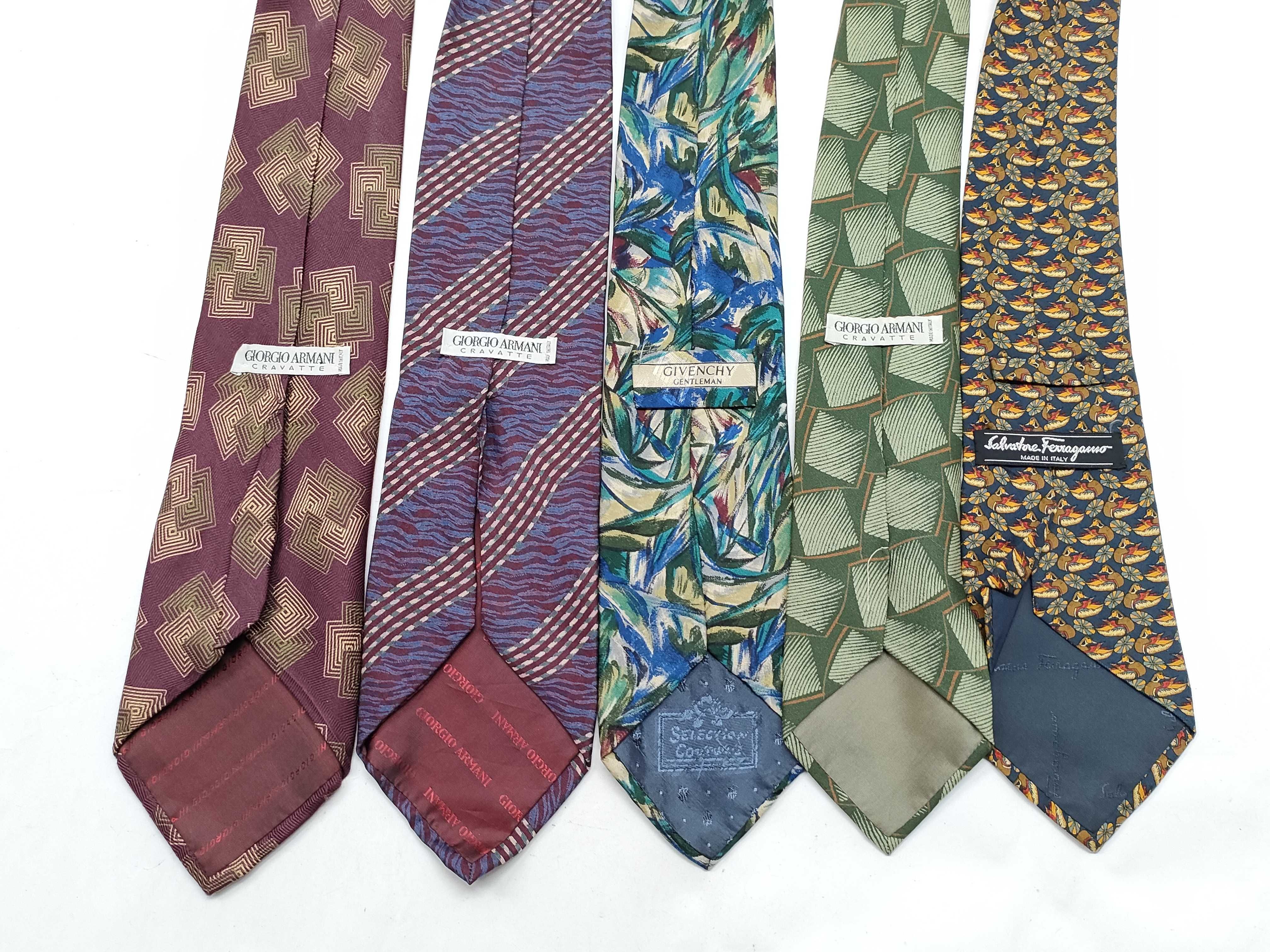 A Collection of Nine Designer Silk Neckties including Giorgio Armani, Givenchy, and Salvatore Ferragamo