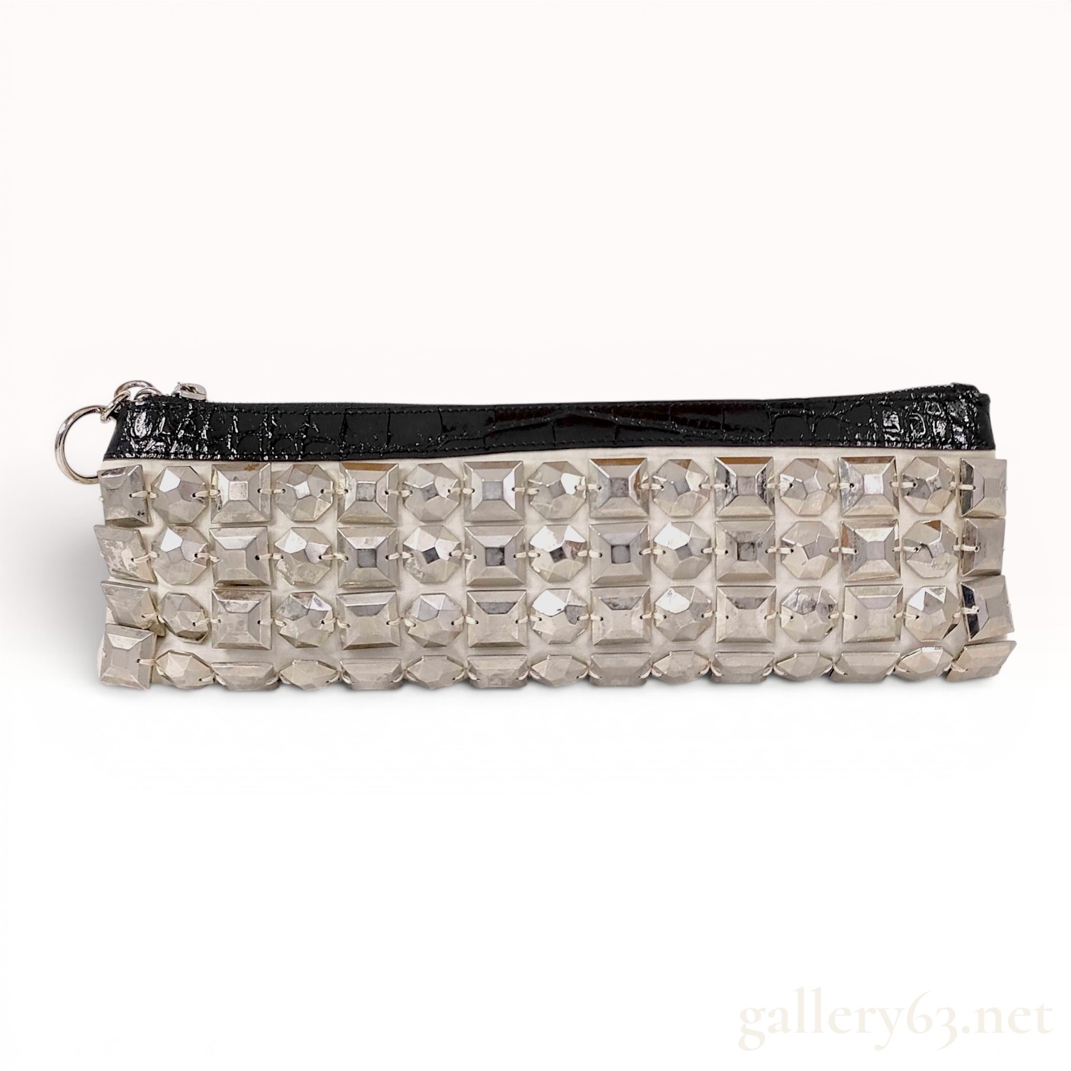 Burberry Studded Off-White Satin and Croc-Embossed Patent Leather Clutch Bag