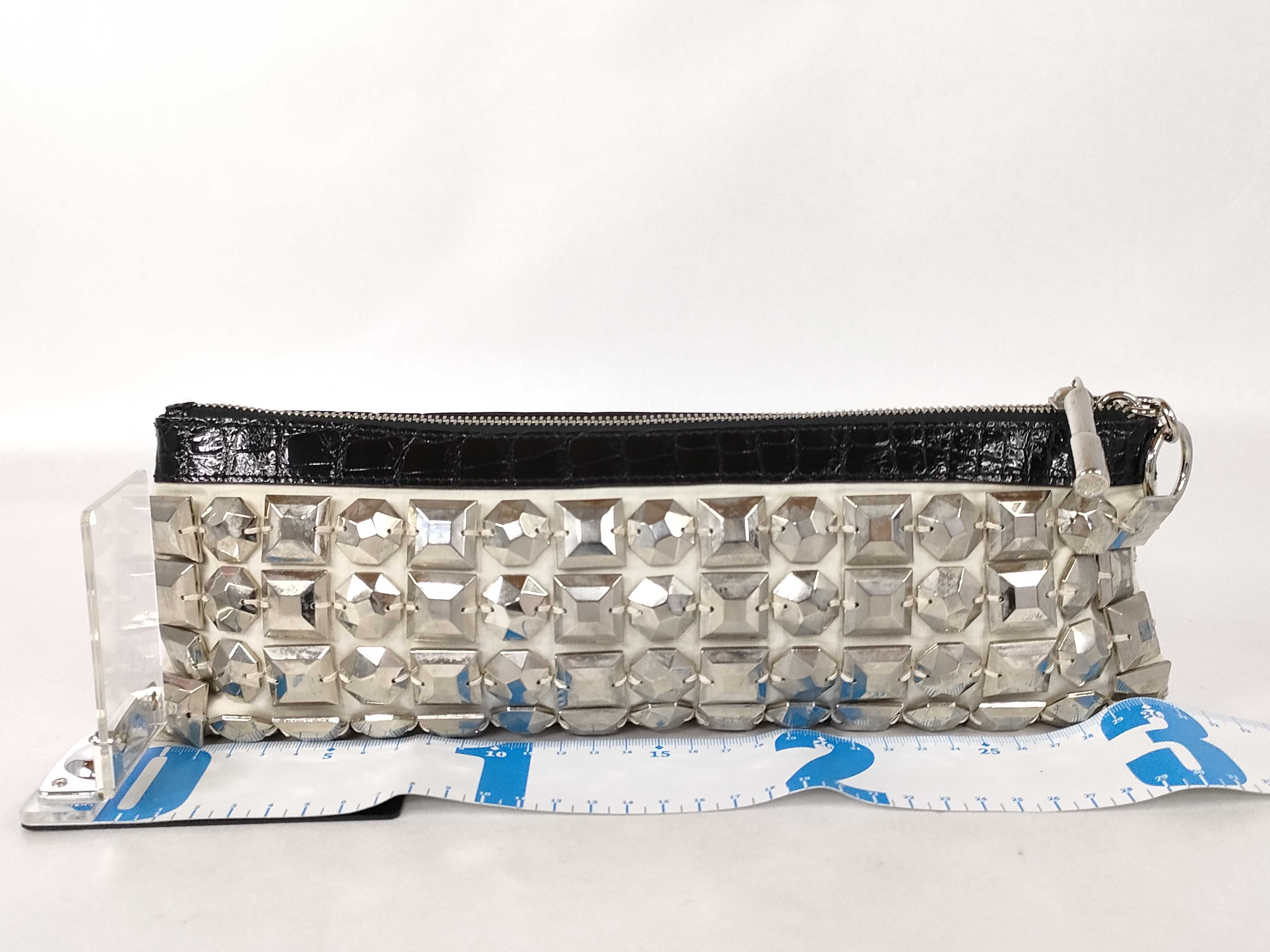 Burberry Studded Off-White Satin and Croc-Embossed Patent Leather Clutch Bag