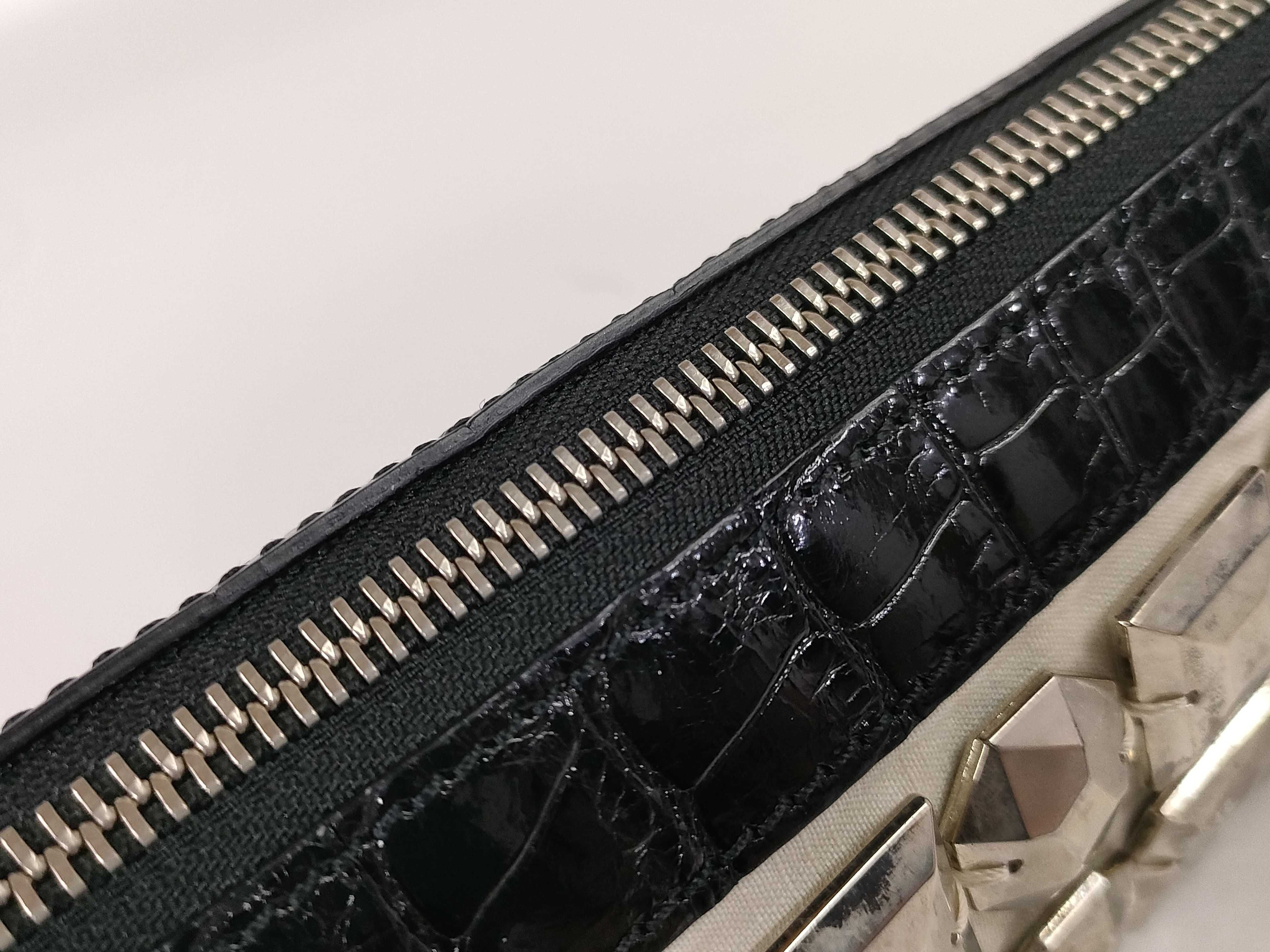 Burberry Studded Off-White Satin and Croc-Embossed Patent Leather Clutch Bag