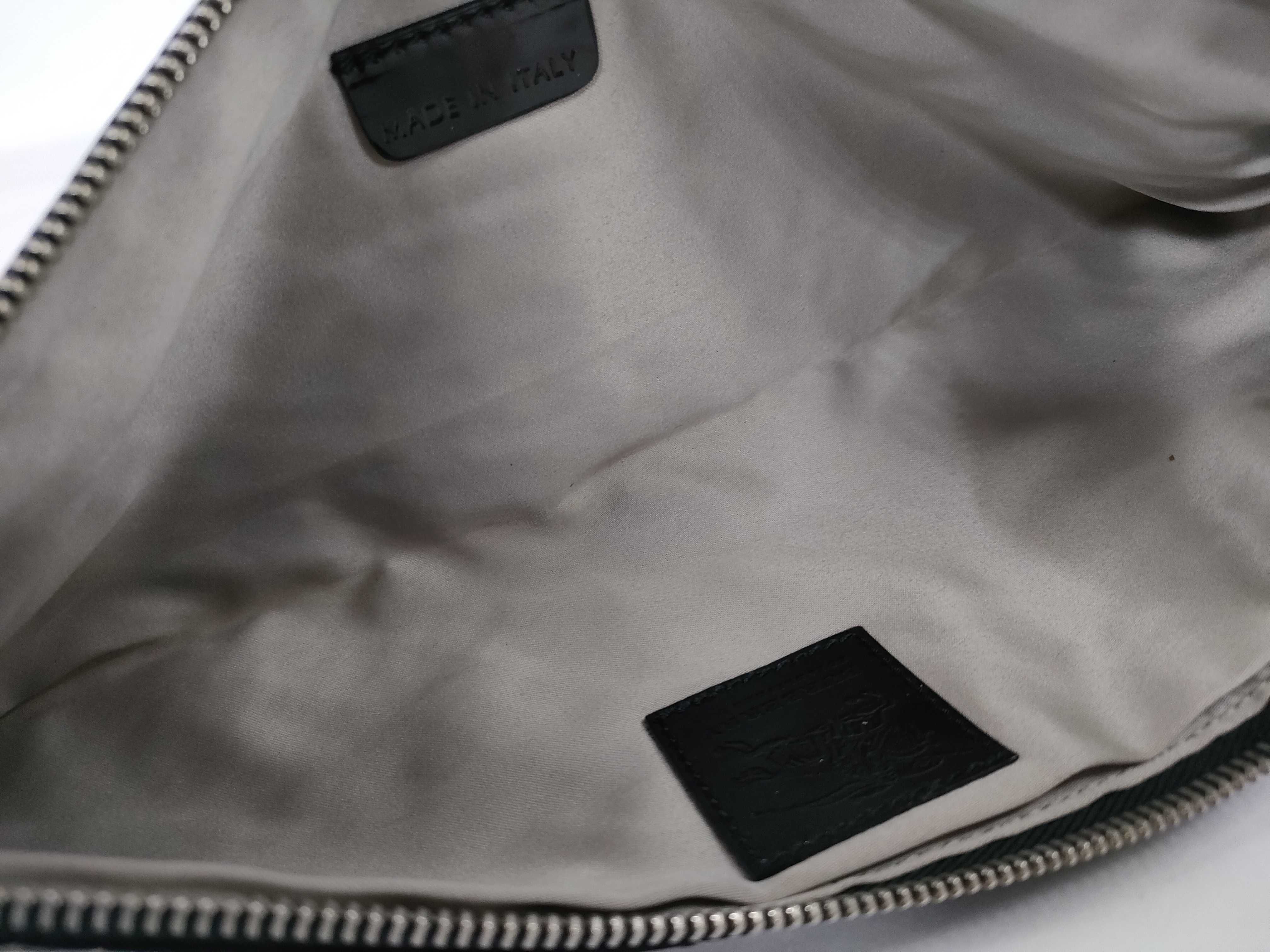 Burberry Studded Off-White Satin and Croc-Embossed Patent Leather Clutch Bag