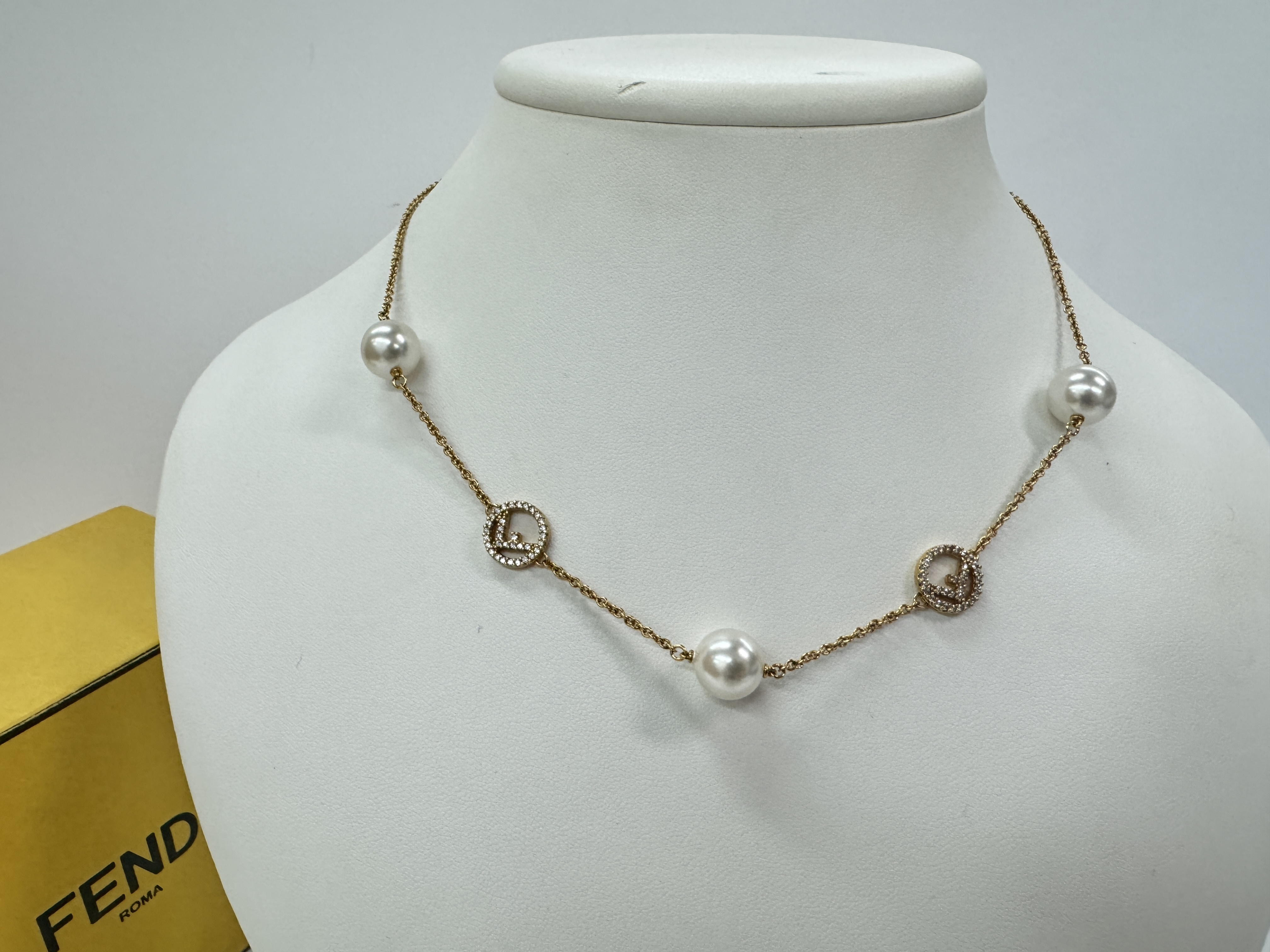 Fendi F Is Fendi Pearl and Crystal Station Necklace