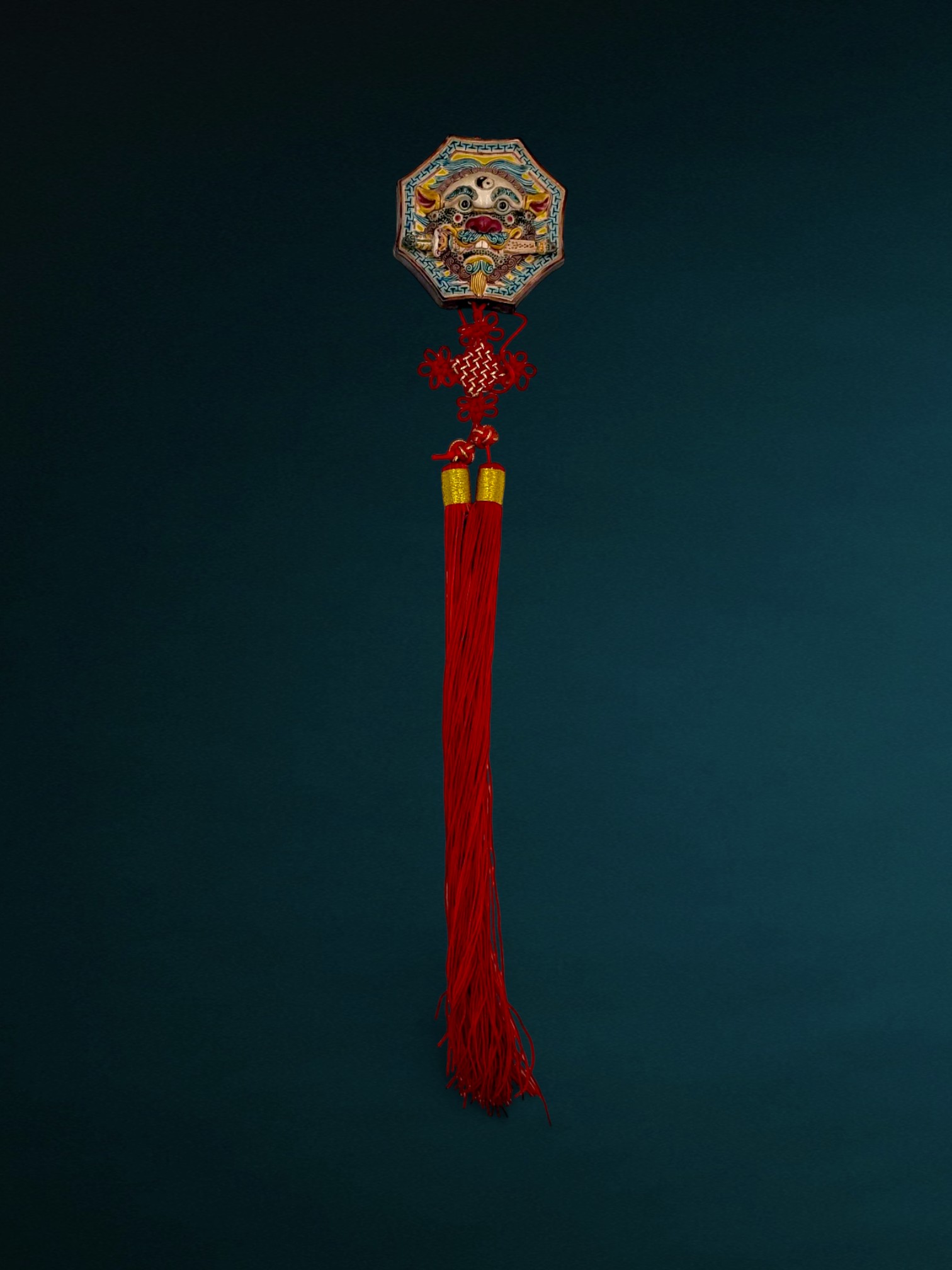 Chinese Polychrome Glazed Ceramic Bagua Wall Hanging with Tassel