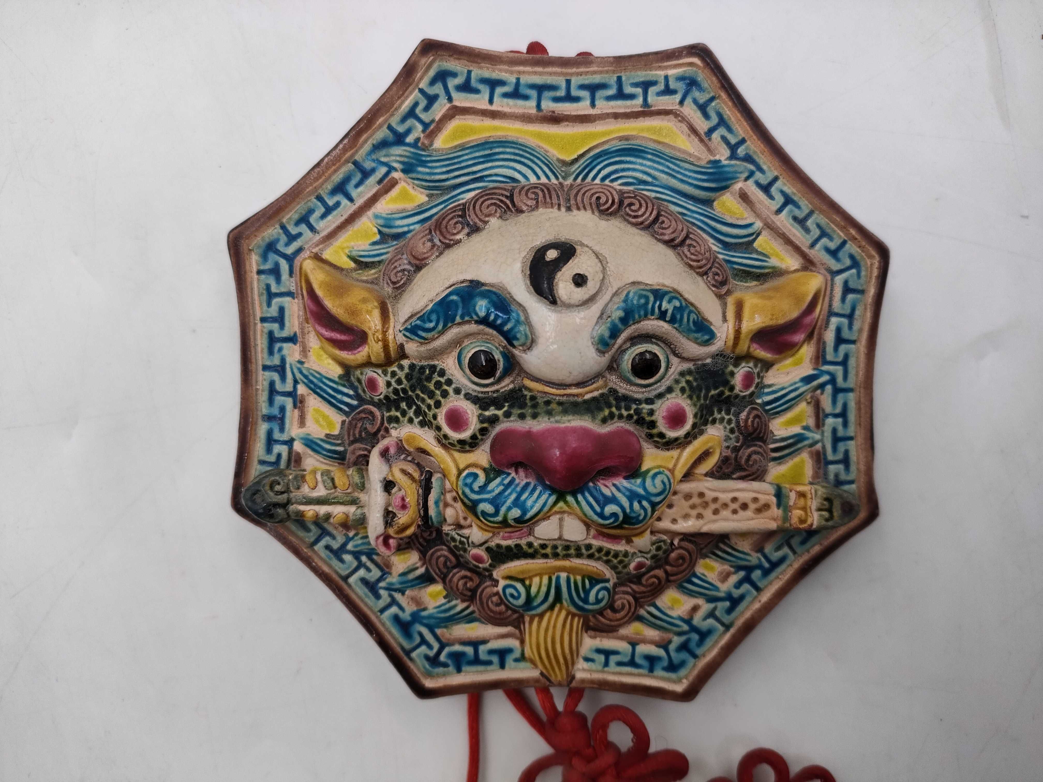 Chinese Polychrome Glazed Ceramic Bagua Wall Hanging with Tassel