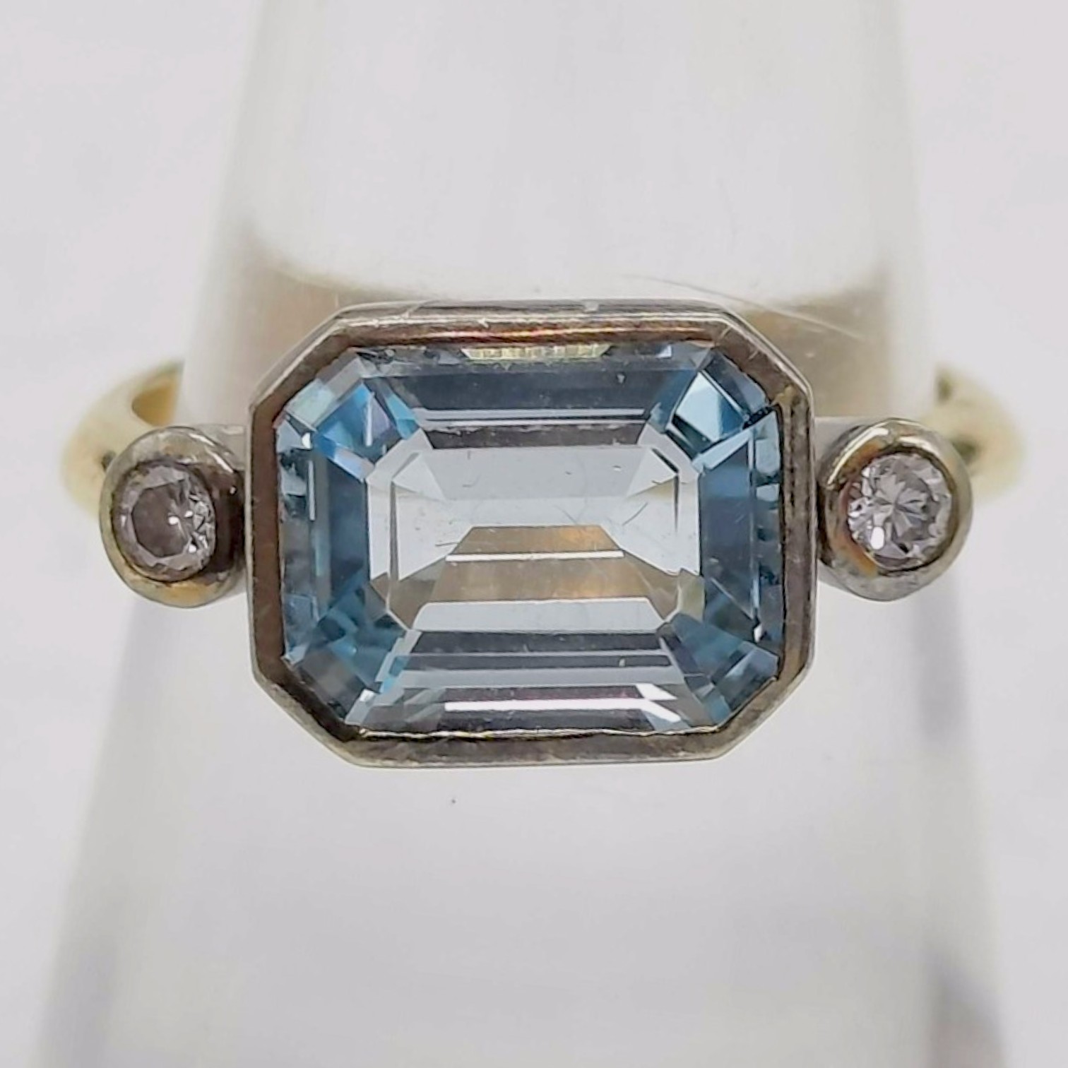 Vintage 9 Karat Two-Tone Gold Aquamarine and Diamond Three-Stone Ring