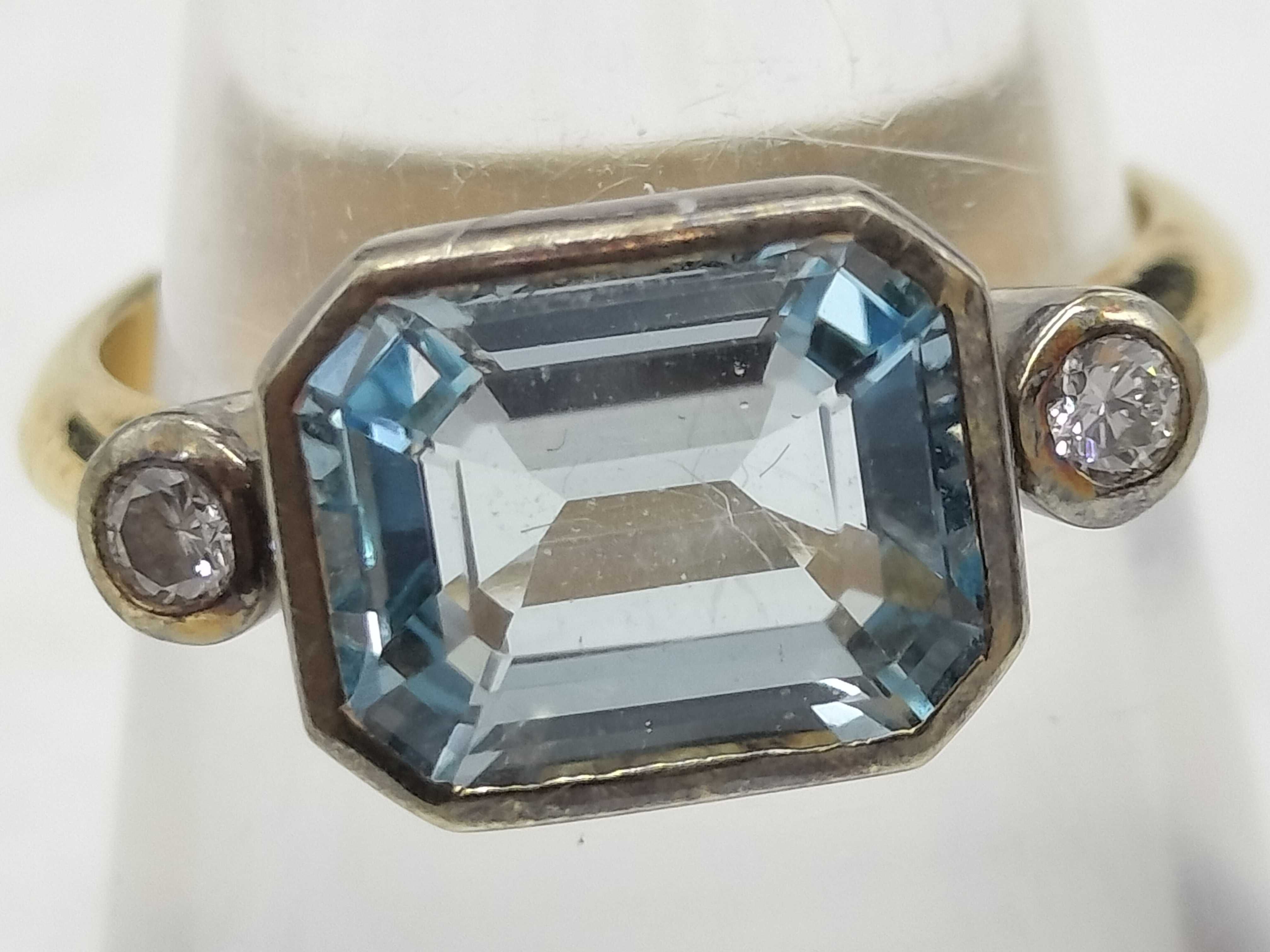 Vintage 9 Karat Two-Tone Gold Aquamarine and Diamond Three-Stone Ring