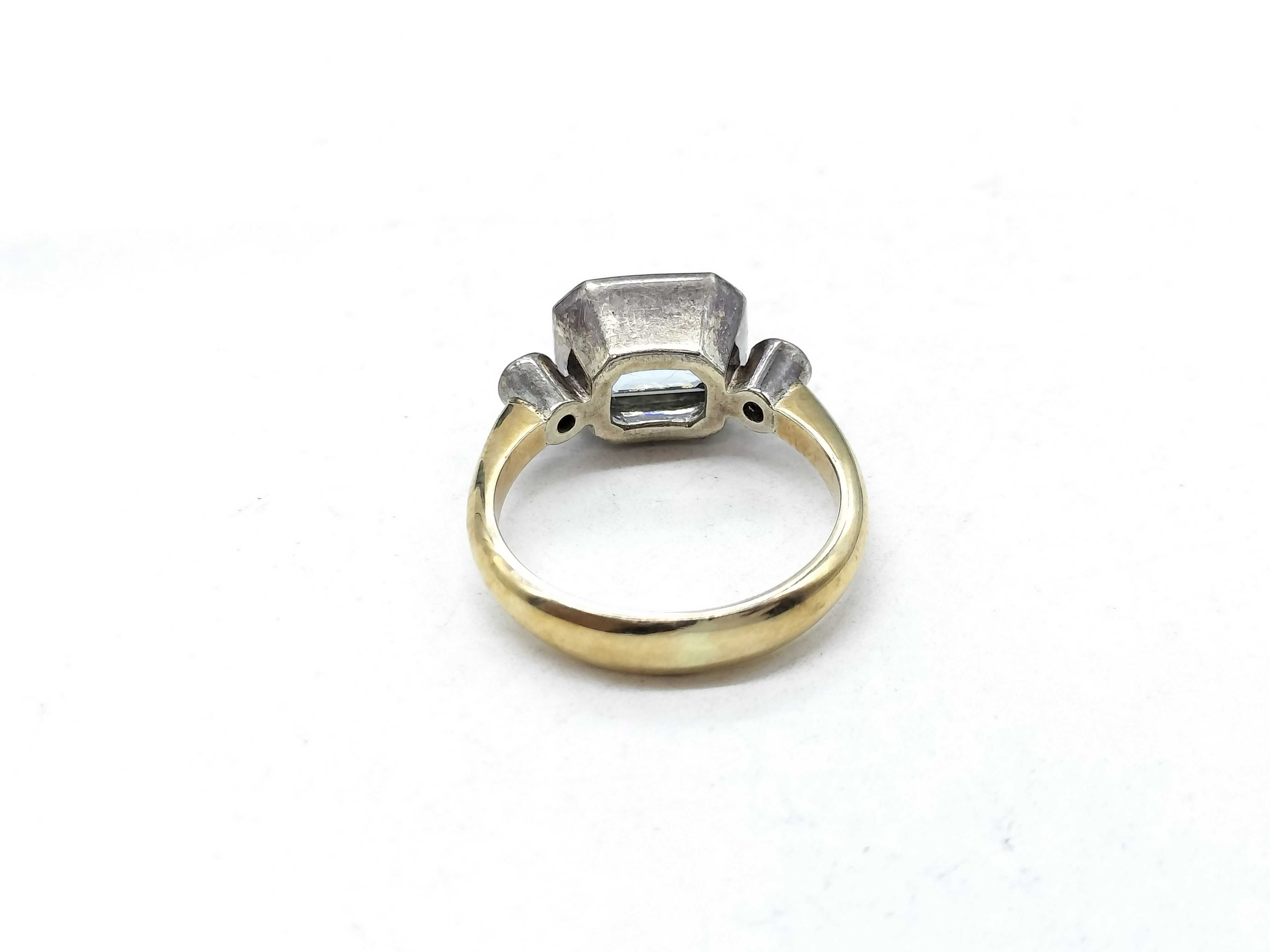 Vintage 9 Karat Two-Tone Gold Aquamarine and Diamond Three-Stone Ring