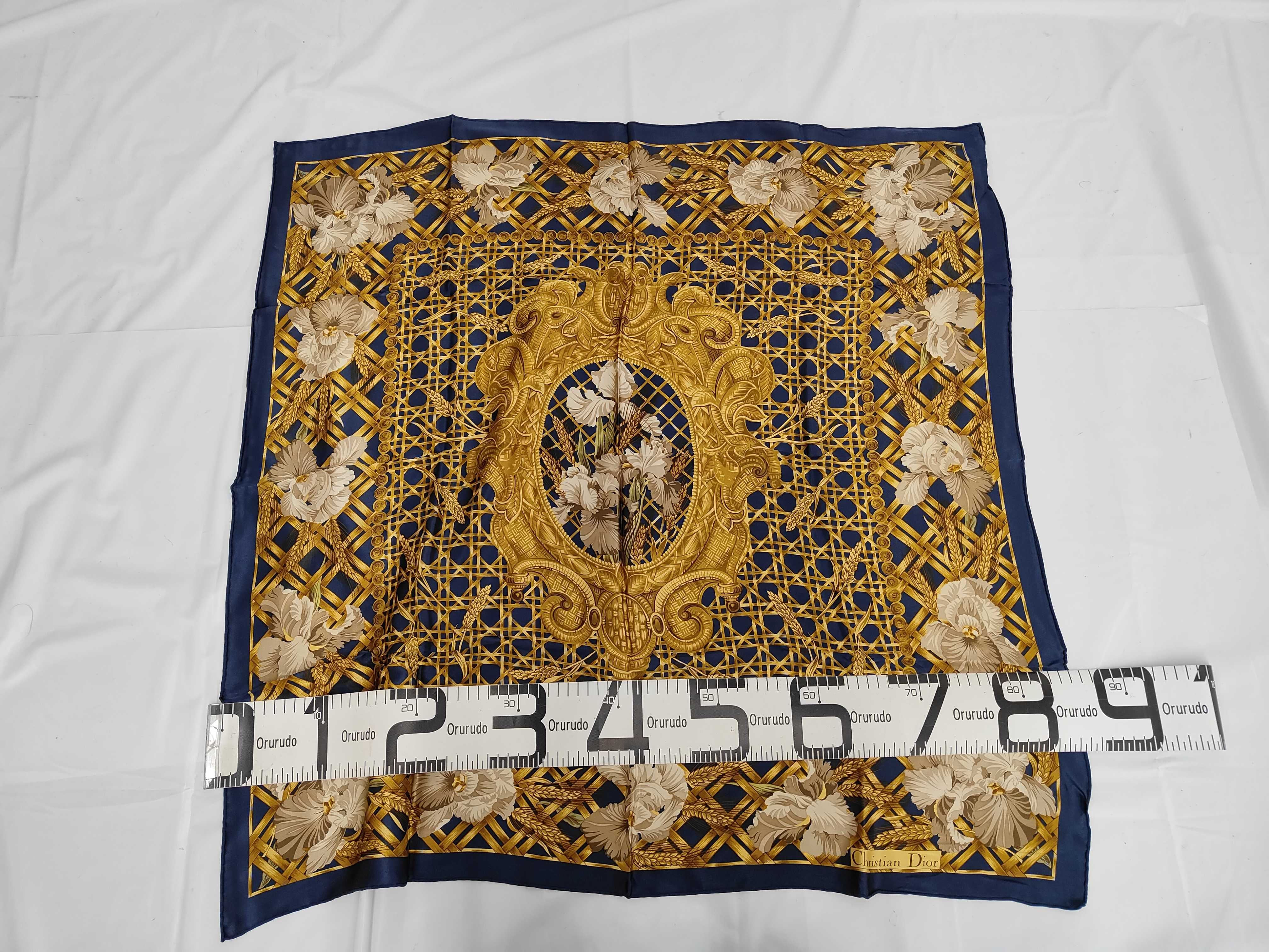 Christian Dior Vintage Navy and Gold Silk Scarf with Iris and Wheat Motif
